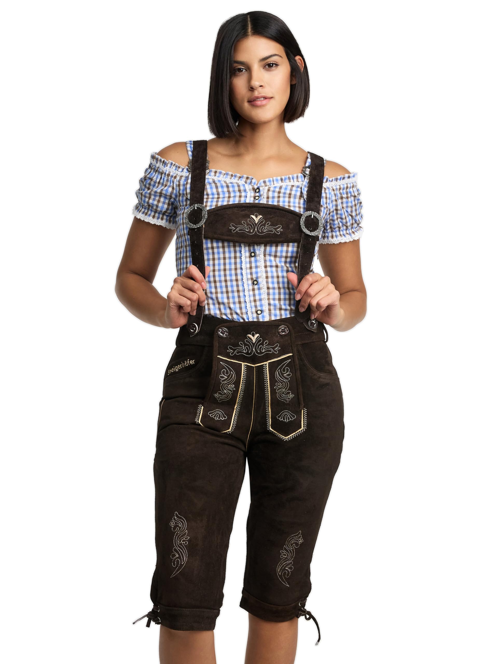 Steigenhöfer Lederhose Damen Tracht Shorts Kniebund - 100% Rindsleder - Clara - Traditionelle Kurze Hose für Frauen - Inklusive verstellbaren Trägern - Dirndl Alternative