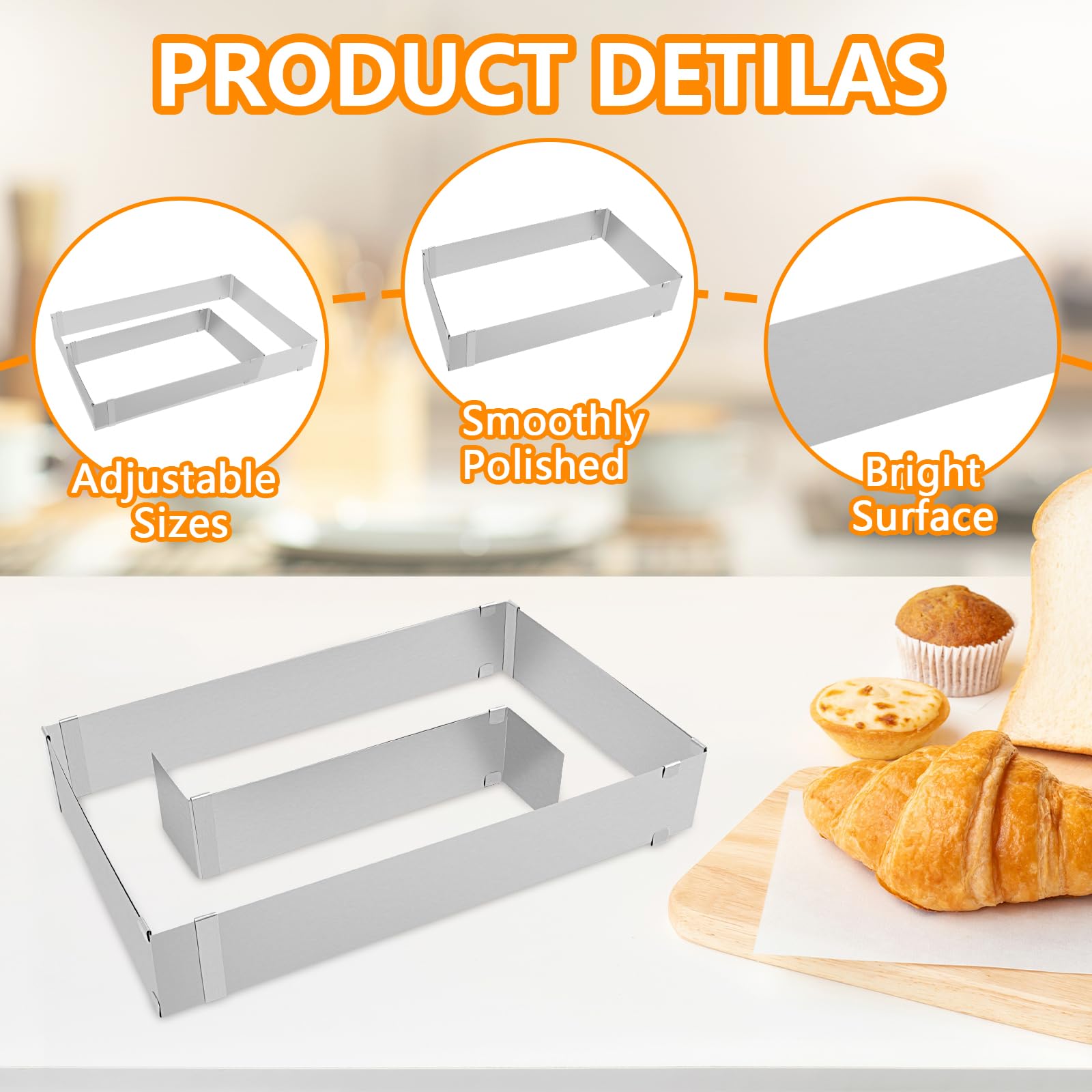 Cadre à Pâtisserie Rectangulaire Réglable - Acier Inoxydable - Avec Spatules, Douilles Et Poches - Pour Gâteaux Et Desserts - 4
