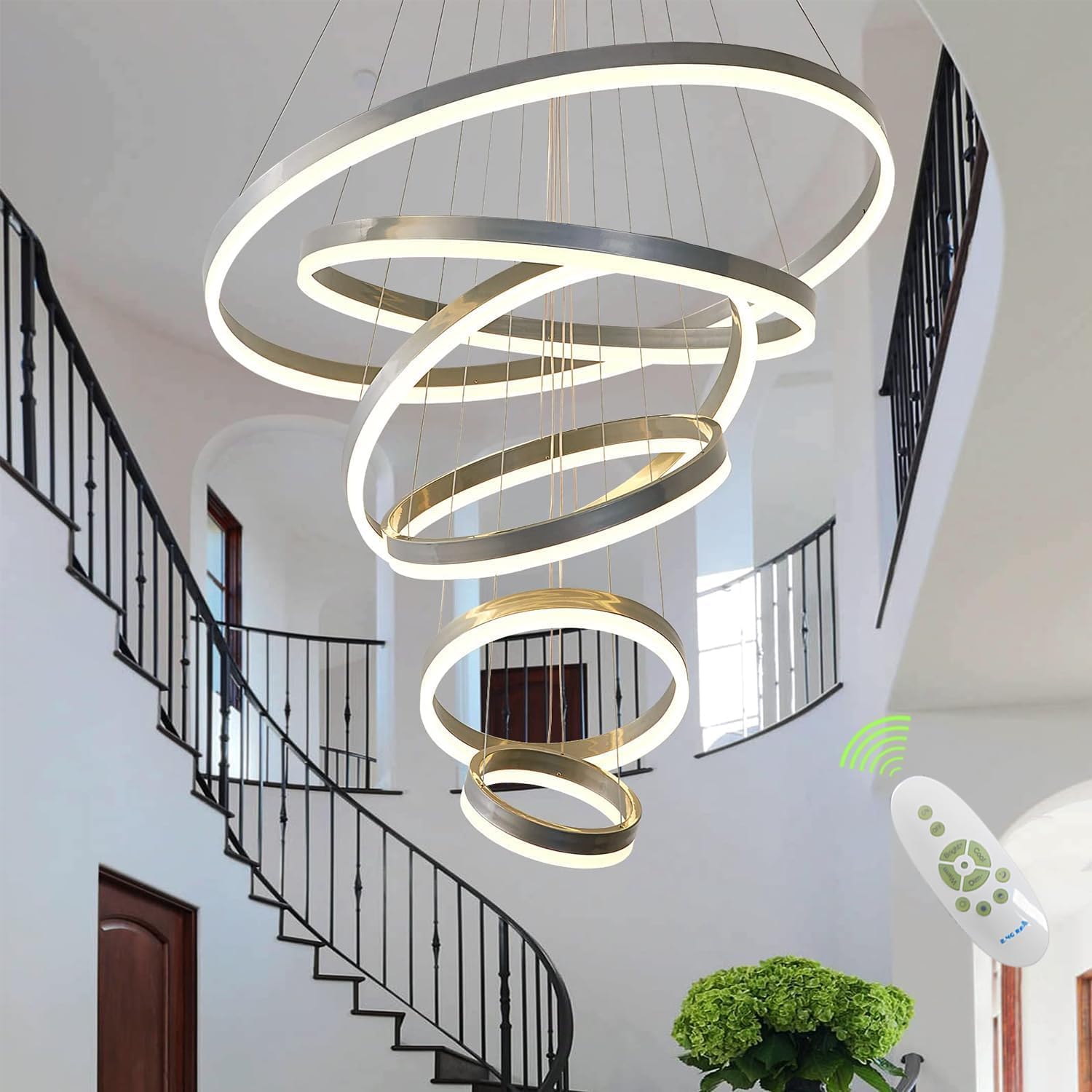 Large 6 Rings High Ceiling Chandelier with Remote, Dimmable Sliver Led Chandelier for Living Room High Ceiling,Luxury Big Contemporary Staircase Foyer Entryway Chandeliers D31.5 inch