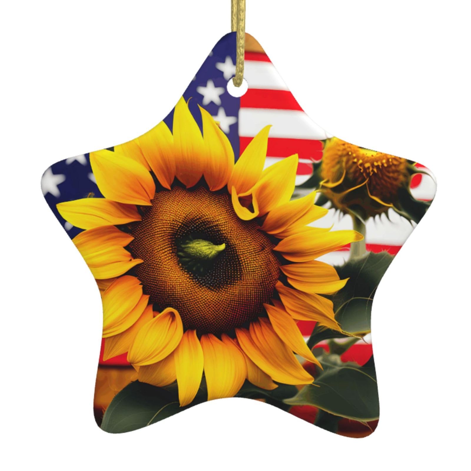 Nbtghga White Sunflower And American Flag Print Christmas Ornaments, Ceramic Hanging Ornament, Round Shape Decorations