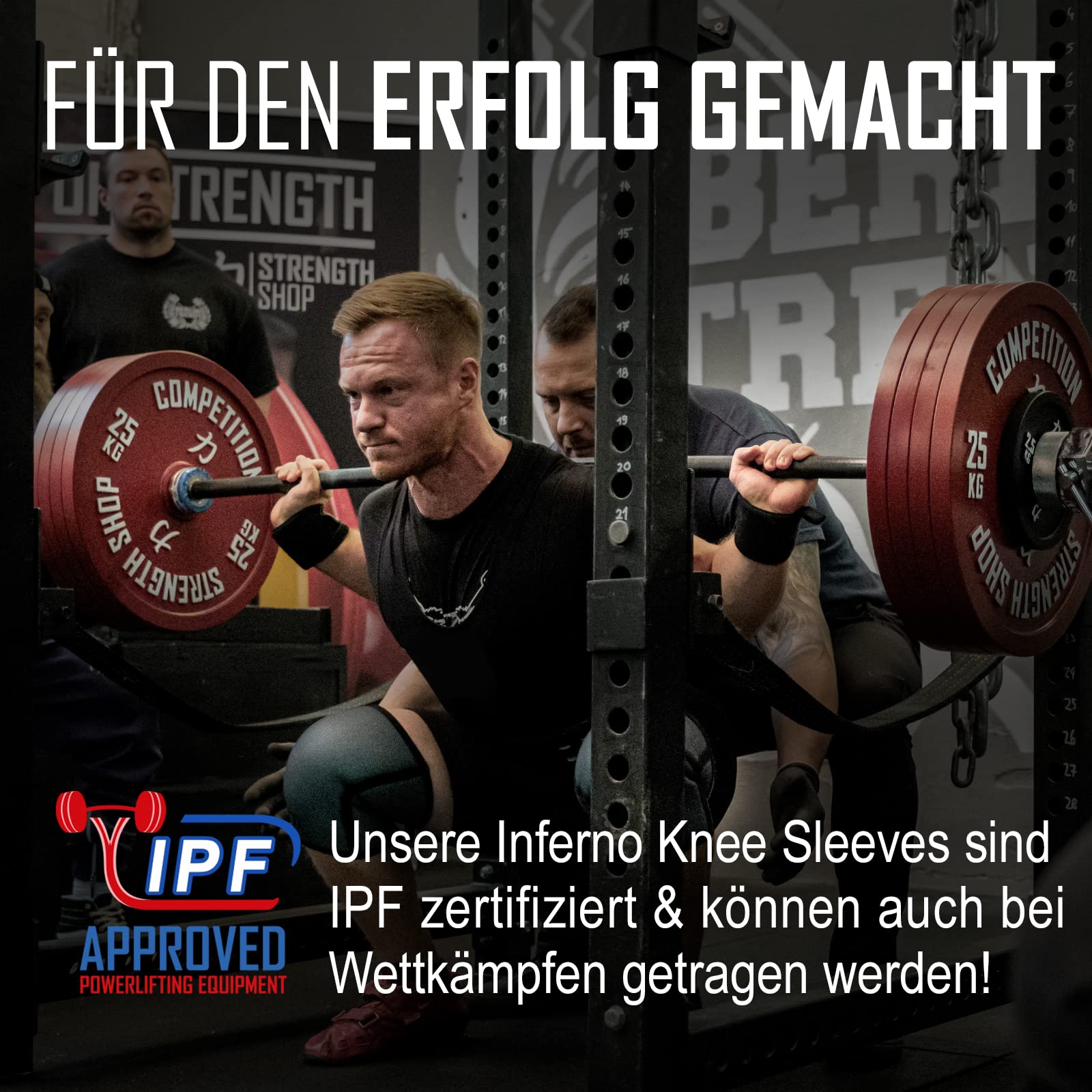 Strength Shop 7mm Neopren Kniebandage IPF-Zertifiziert für Damen & Männer, 1 Paar extrem reißfeste & belastbare Wettkampf Knee Sleeves, ideal für Powerlifting, Kraftsport & Co.