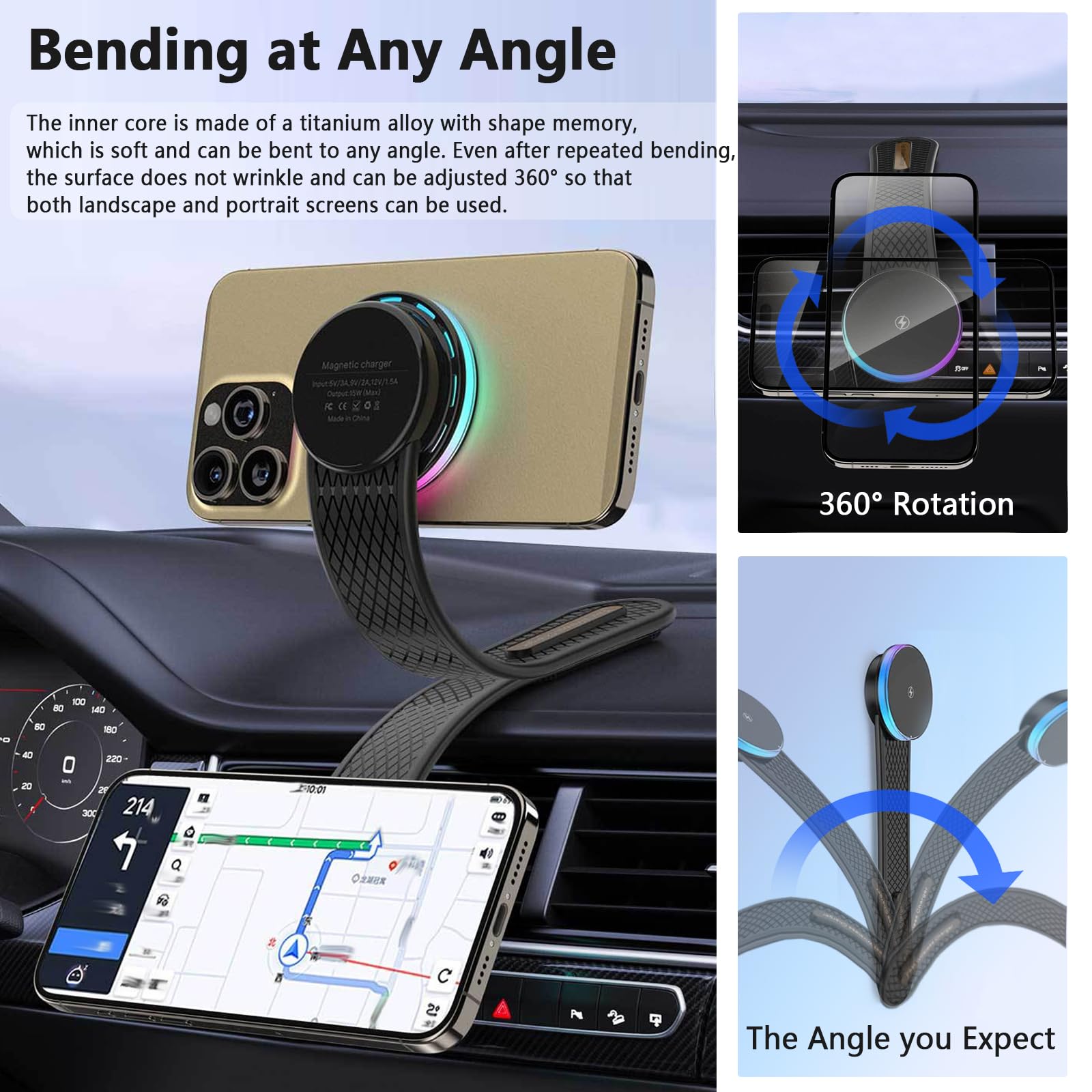 Caricatore Wireless Auto per Magsafe,Magnetic Car Ricarica con Funzione di Ricarica,nano ventosa,Rotazione a 360°,Pieghevole a Piacere,Compatibilità con iPhone Series 15/14/13/12