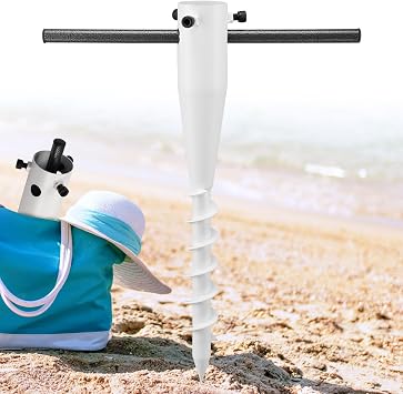 Beach Umbrella Anchor, Heavy Duty Metal Umbrella Sand Anchor, Rust-Proof Umbrella Holder Stand with 6-Spiral Corkscrew Drill, Easy Install In-Ground Outdoor Base for 1.3"-2" Poles, Portable, White