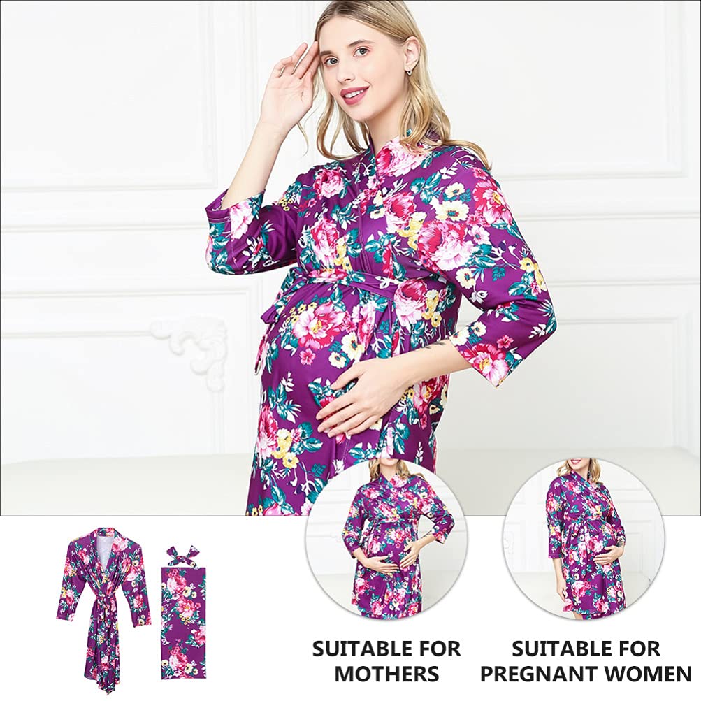 Abaodam 3 Pz Camicia da Notte Premaman Mom And Baby Matching Outfits Hospital Camicia da Notte Kimono da Donna Fajas Post Parto da Donna Mancare Viola Cardigan Sciolto Cotone