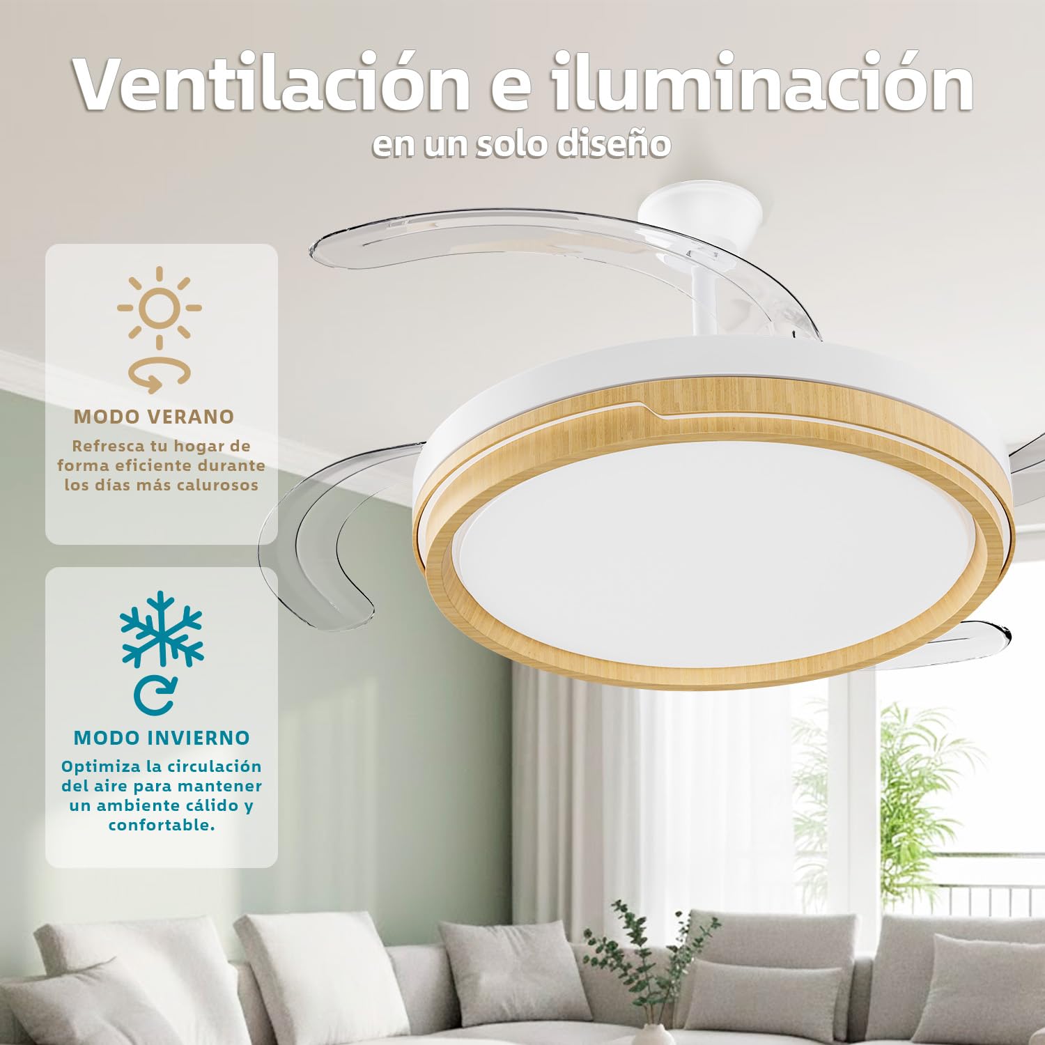 LEDUNI ® Ventilador techo con luz 66W controlador incorporado | Silencioso con Mando a Distancia+Control APP y Palas Retráctiles Interiores función verano-invierno (Madera)