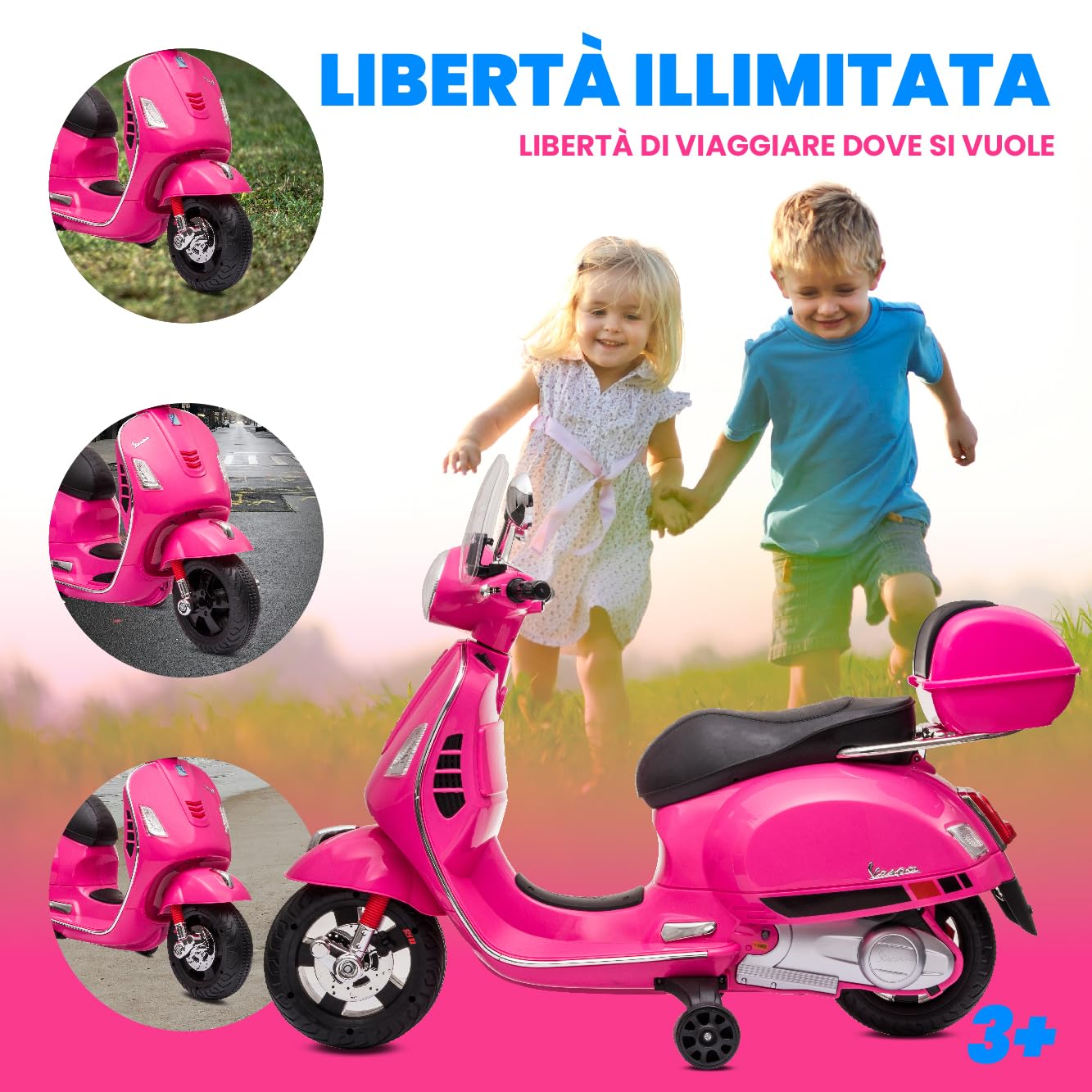 Moto elettrica per bambini Vespa, Motocicletta con ruote e sedile in plastica, bagagliaio, lettore MP3, presa AUX USD MicroSD (Fuchsia)