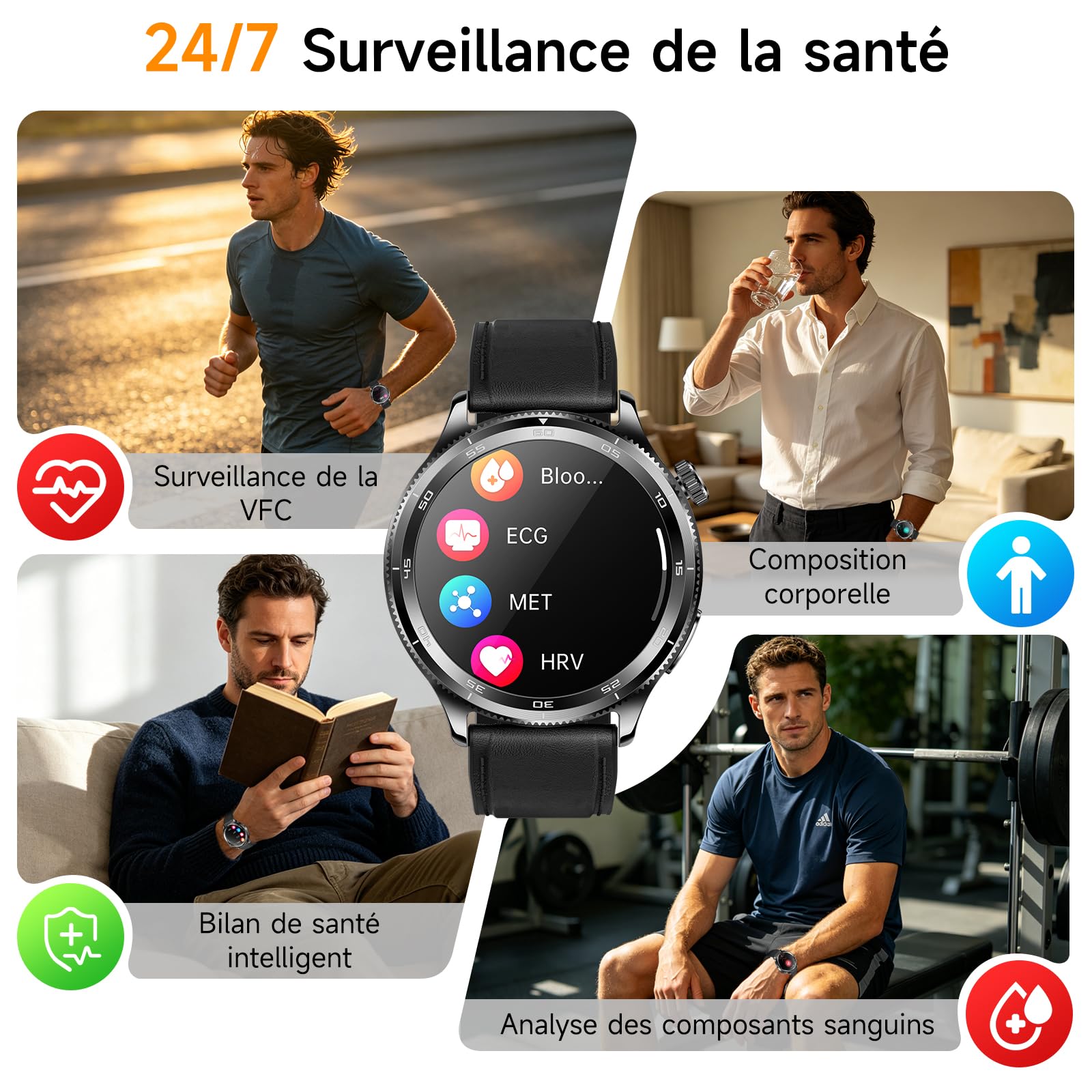 Montre Connectée Homme ECG/Pressιon artérιelle/IMC, Cuir Noir