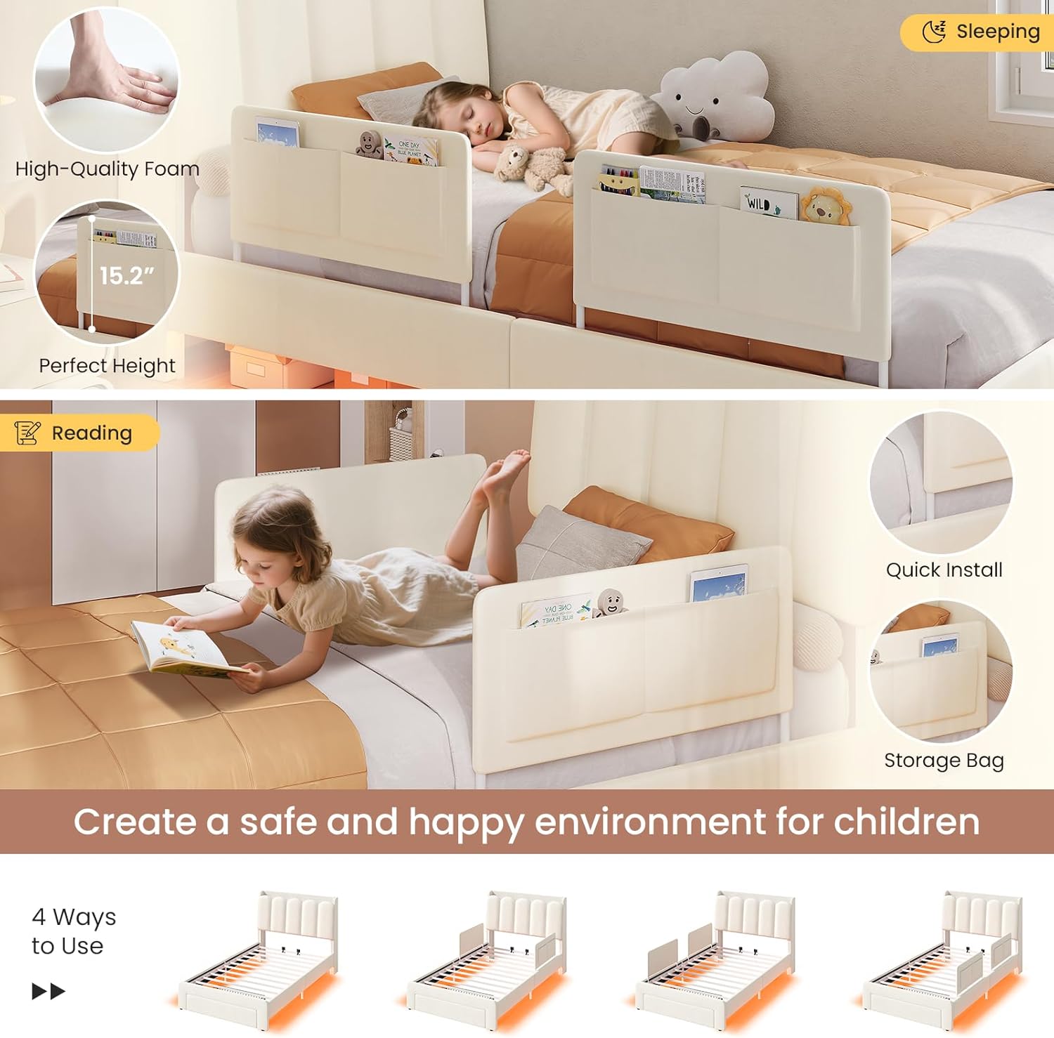 DICTAC Twin Size LED Bed Frame with Storage Drawer and Safety Guardrails, Velvet Upholstered Platform Bed for Kids with Chic Wavy Storage Headboard, Charging Station, Heavy Duty Metal Support, Beige