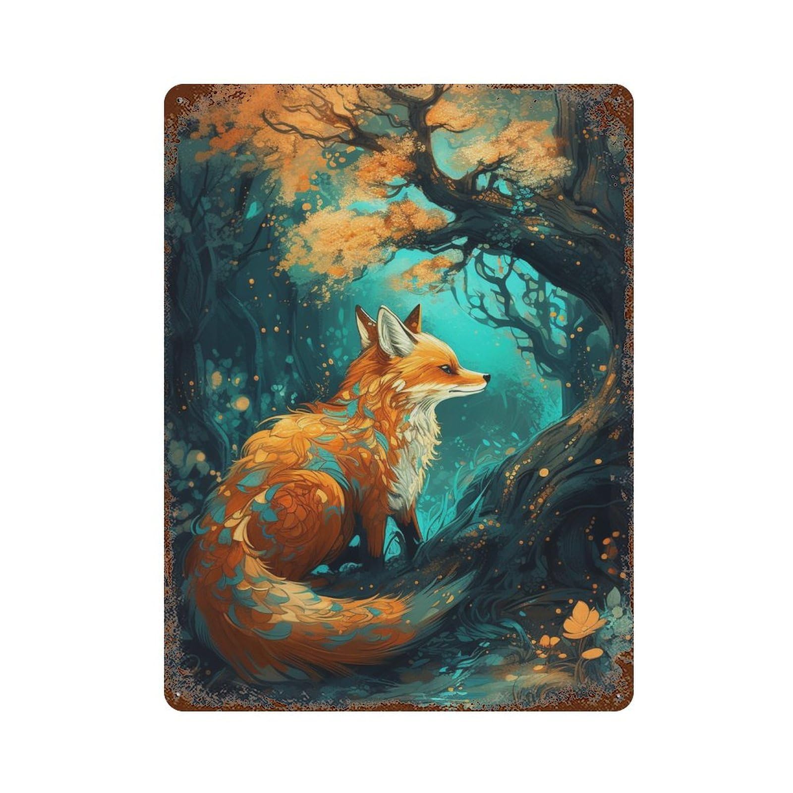 Magical Forest Fox 15.7"x11.8" Vintage Rust Metal Sign, Novelty Wall Decor for Living Room, Hallway And Home Decor