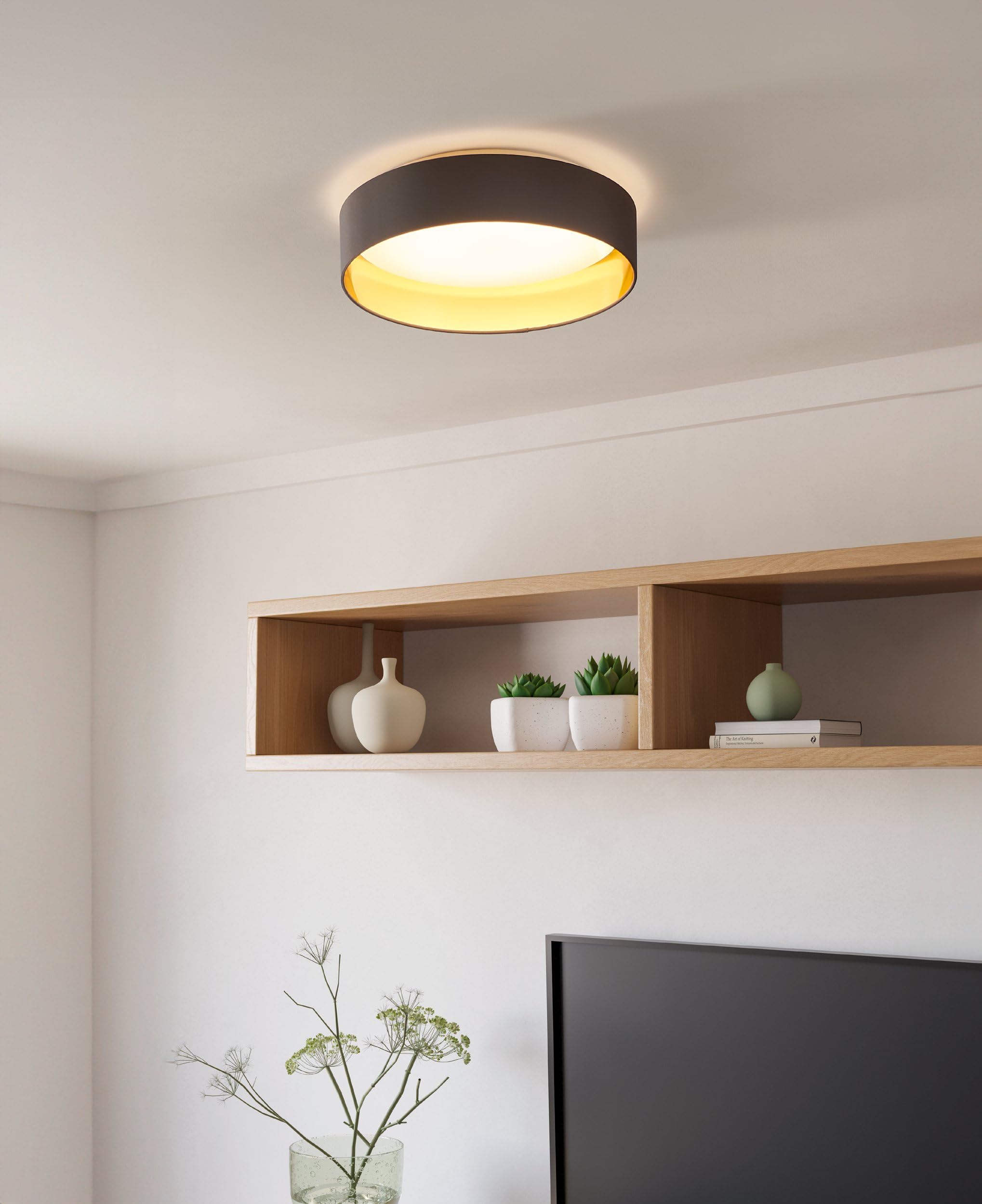 EGLO LED Deckenlampe Maserlo 2, Textil Deckenleuchte | Wohnzimmerlampe Decke aus Stoff in gold und cappuchino, Kunststoff in weiß, warmweiß, Ø 38 cm