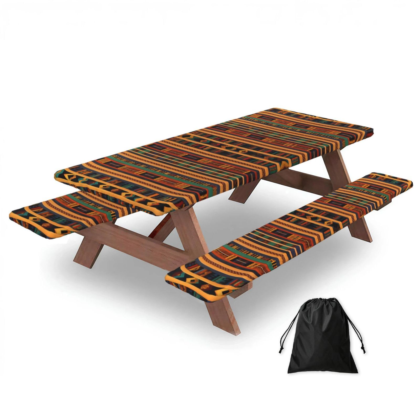 Zyjhyy Black African Weaving Print Party Table Covers With Bench Covers Set Of 3 Picnic Table Cloth Wipe Clean For Garden Camping