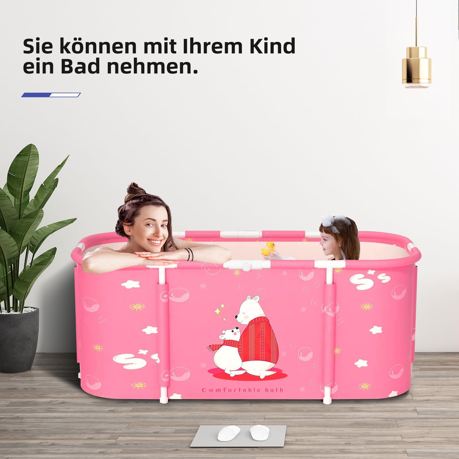 Badewanne Zusammenklappbare Badewanne Ideale Familienbadewanne Gartenpool für Kinder Leicht zu montierender Toilettengurt Geeignet für Erwachsene und Kinder 115x60x50cm (LxBxH) (Rosa Bär)