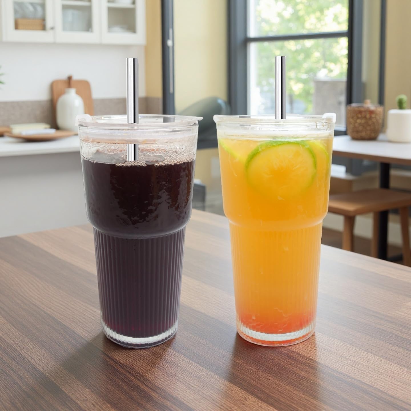 Glass Cups with Lids and Straws, Iced Coffee Cups with Lids,Stylish Ribbed Design Glass Coffee Cups, Drinking Glasses for Iced Coffee,Smoothies,Tea,Juice,Leak-Proof, Ideal for Home and Outdoor Use - Image 8