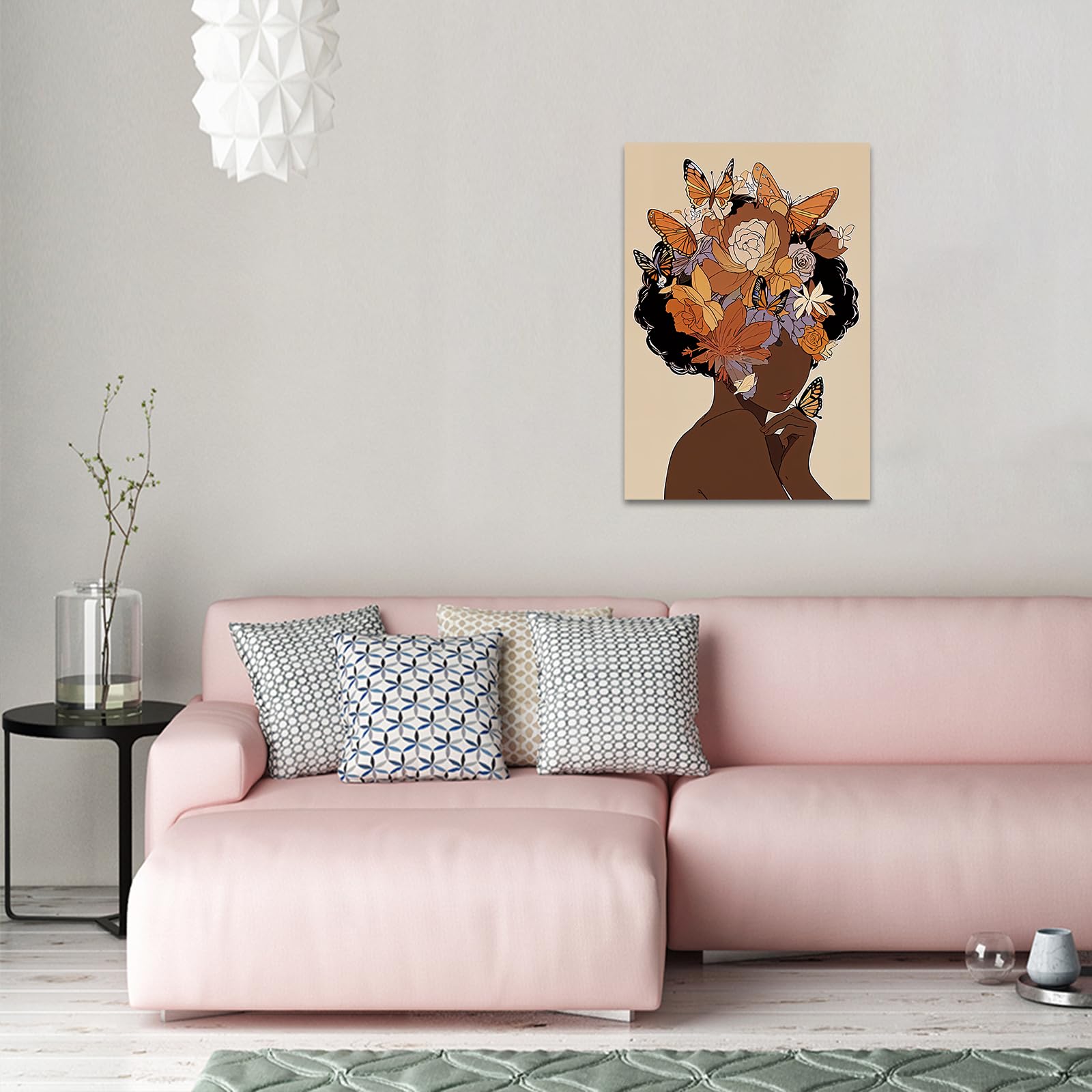 LZIMU Stampe su tela afroamericane Farfalla su testa di donna nera Ragazza nera Quadri Nordic Boho Minimalista Opera d'arte Decorazione murale Incorniciato (28.00x35.00cms