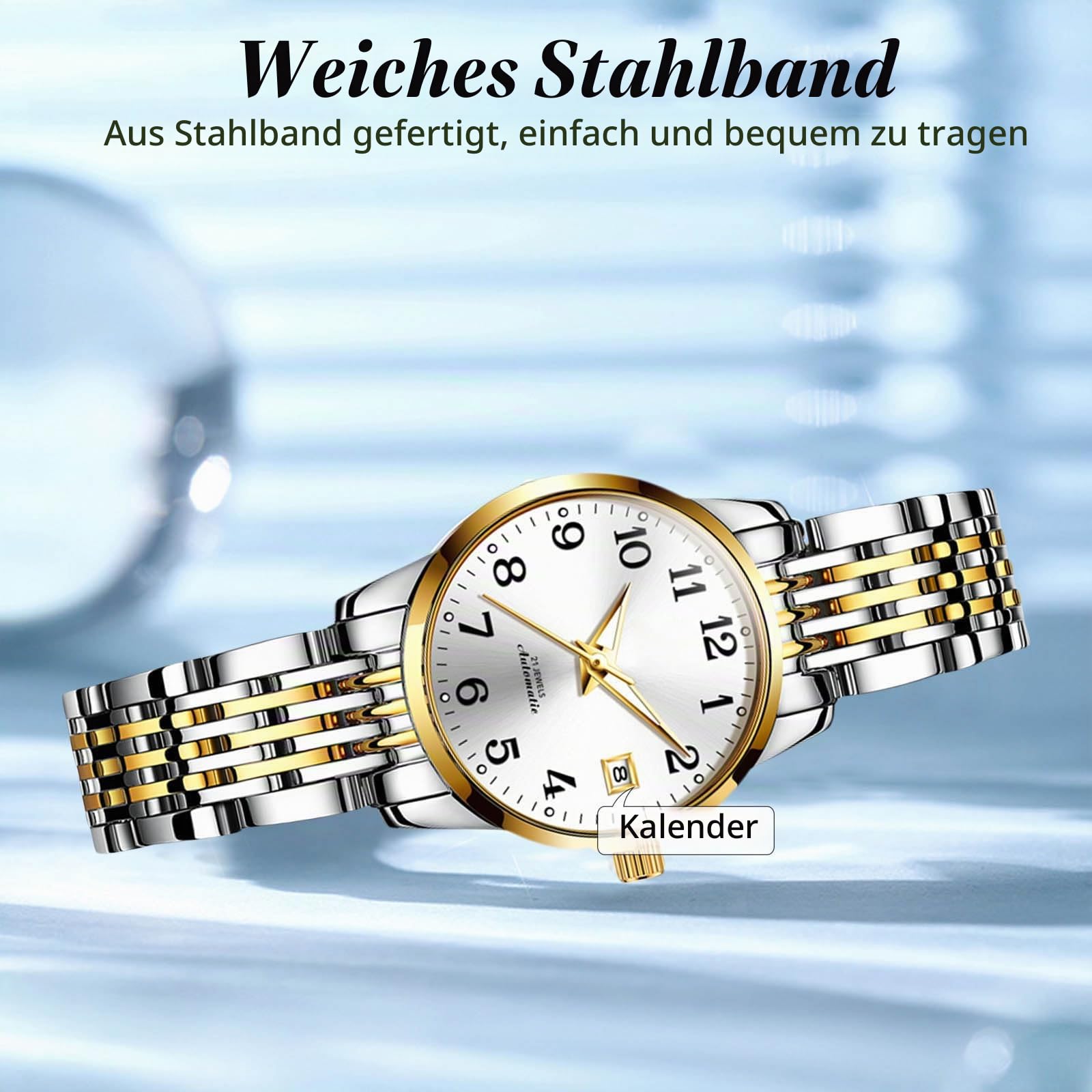 RORIOS Frauen Mechanische Uhr Damen Elegant Armbanduhren Minimalistisch Automatik Uhr Mode Automatik Edelstahl Uhr Leuchtend Analog Damenuhren Weiß A