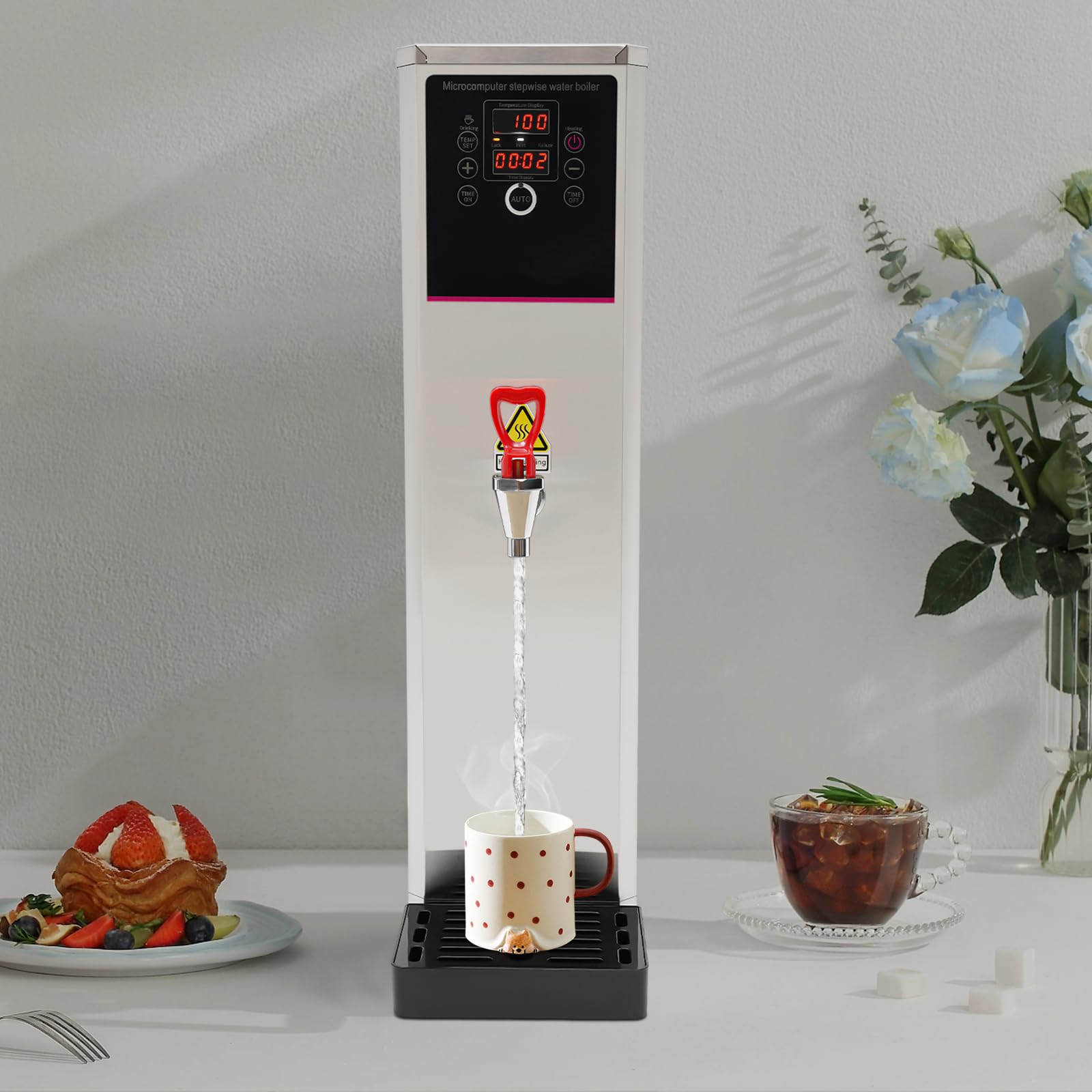 LIYUANJUN 3000W Commercial Hot Water Dispenser, 20L/5.28 Gal Electric Water Boiler with Drip Tray Digital Display Screen Step-Heating Hot Water Maker for Large Homes Caterers Restaurants, Silver