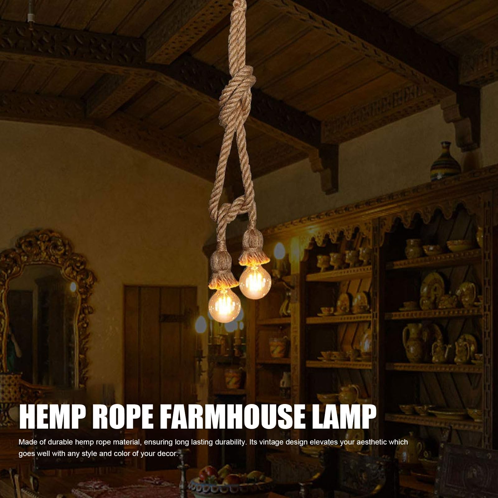 Lámpara Colgante Cuerda de Cáñamo Vintage, 3 Cabezas Cable de Luz Colgante de 6.6 Pies, Casquillo E26 E27 Accesorio de Iluminación Colgante para Restaurante Bar Granja Lámpara