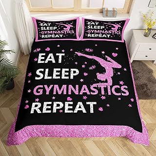 Erosebridal Twin Bedding Sets for Girls,Eat Sleep Gymnastics Duvet Cover Pink Black Gymnastics Comforter Cover for Gymnas,Glitter Sequins Love Hearts Stars Bed Set 1 Pillow Case Bedroom Decor