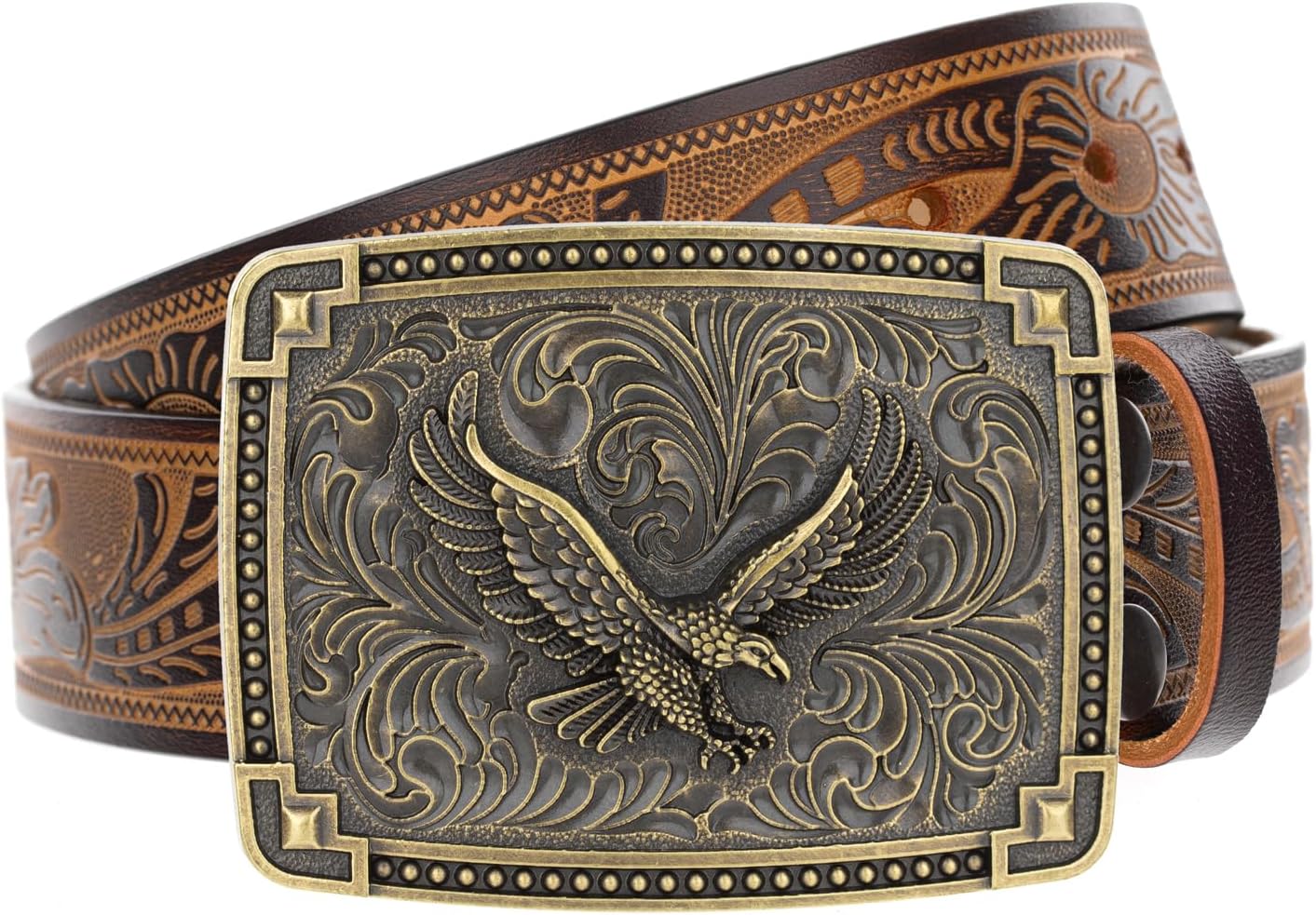 Men's Western Cowboy Belt Mens Engraved Buckle Leather Belts for Jeans