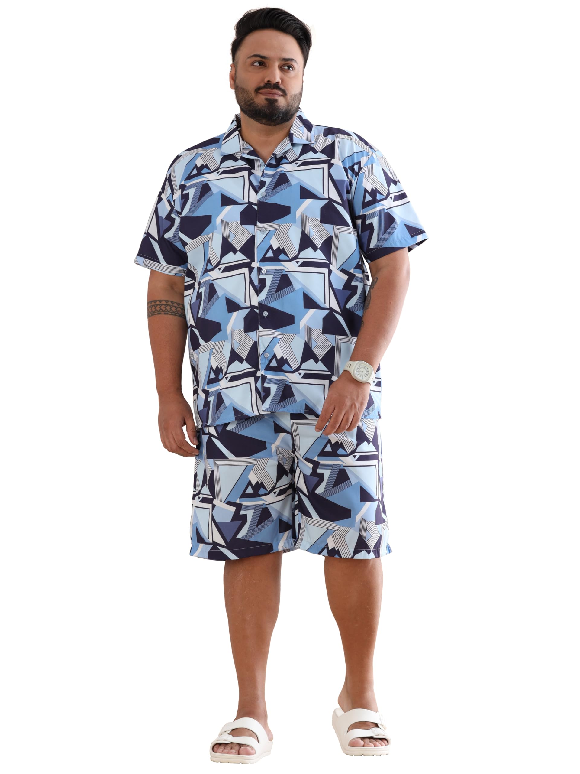 bushirt Men's Rayon Printed Comfort Casual Night Suit Set, Half Sleeve, Plus Size, Western Style, Shirt Collar, Relaxed Fit Sleepwear Blue-picture-19
