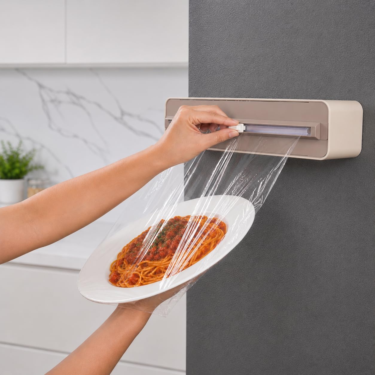 Magnetic Plastic Wrap Dispenser with Cutter, Wall-Mounted Cling Film Holder for Kitchen, Fridge & Countertop, Cream Color image 2