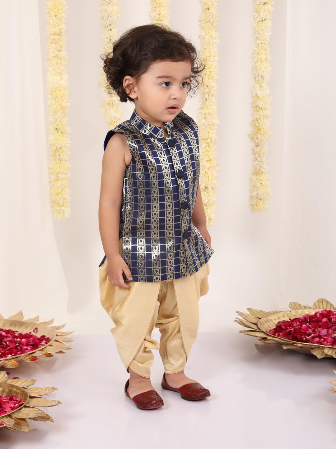 Jbn Creation Infant Boys Navy Blue And Gold Silk Blend Kurta And Dhoti Set
