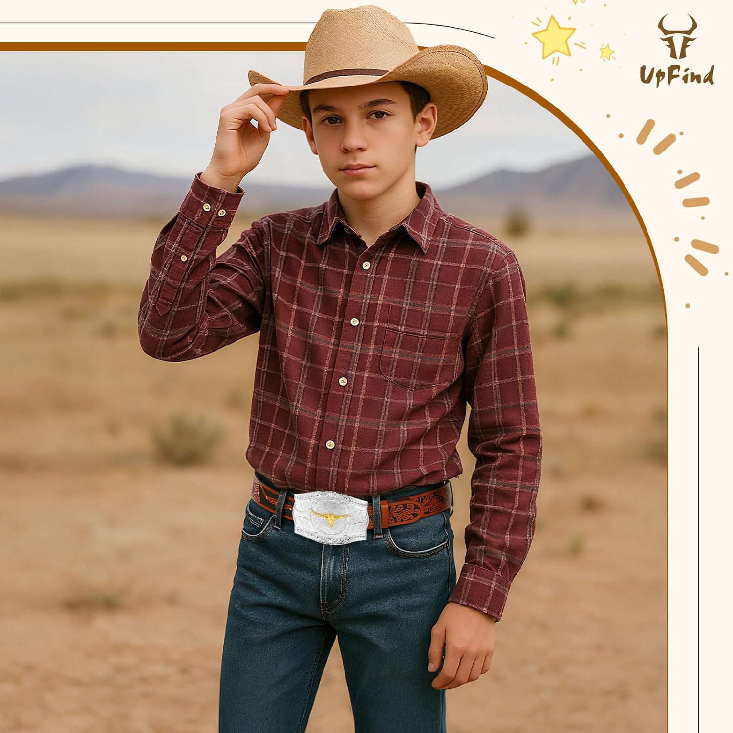 Kids Western Leather Belt for Boys Girls Youth Embossed Cowboy Belt with Silver Longhorn Buckle for Jeans 1.5" Wide - Image 3