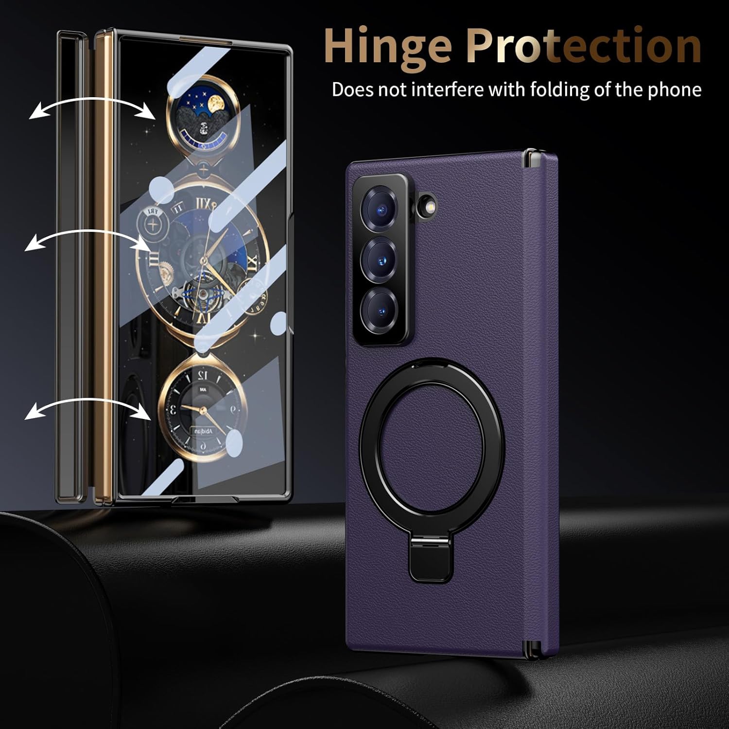 Magnetic Stand for Samsung Galaxy W25/Z Fold Special Case with Ring Holder, Compatible with Magsafe [Hinge Protection][Built in Screen Protector] Leather Full Body Slim Shockproof Cover,Purple