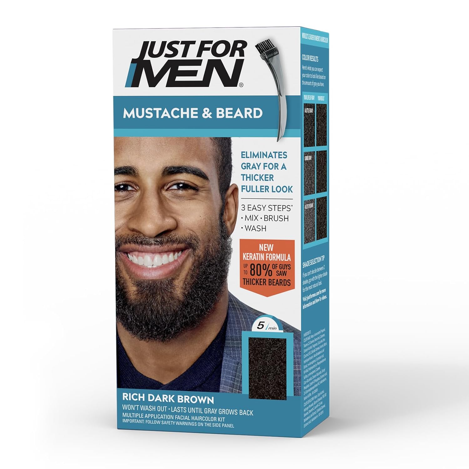 Just For Men Mustache & Beard, Beard Dye for Men with Brush, With Keratin Biotin Aloe and Coconut Oil for Healthy Facial Hair - Rich Dark Brown, M-47, Pack of 1 (Packaging May Vary) 1 Count (Pack of 1) Rich Dark Brown M-47