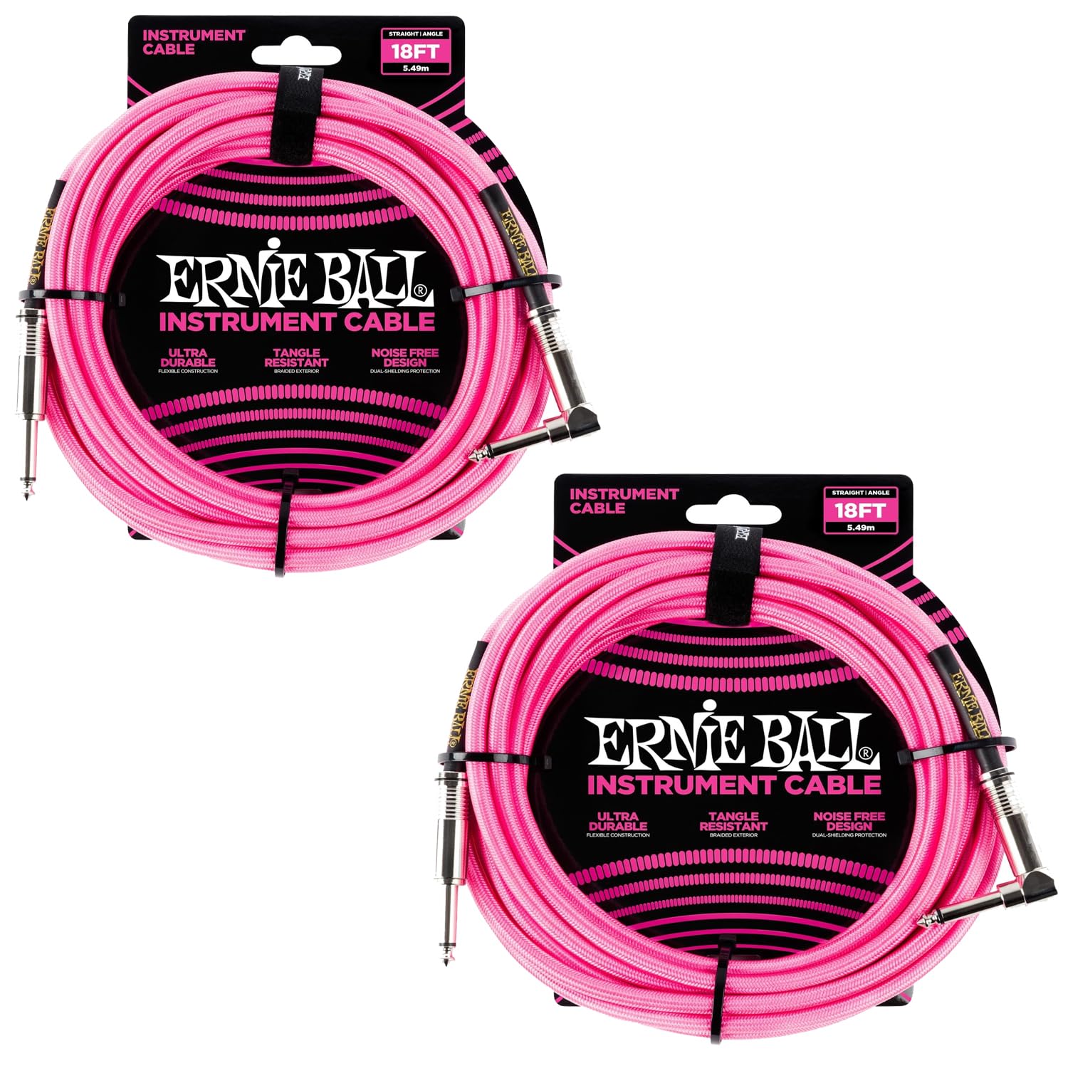 Ernie Ball Braided Instrument Cable Set Straight/Angle Length 18ft in Neon Pink (P06083) - Pack of 2
