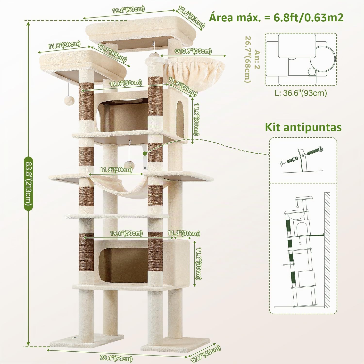 Globlazer Árbol Rascador para Gatos Beige Grandes XXL Alto 213 cm con 2 Grande Nidos 50*30*30CM, 2 Plataformas, Percha, Cesta, Lujo Estable Torre Gato Multinivel para Vario Gatos Adultos (F83B, Beige)