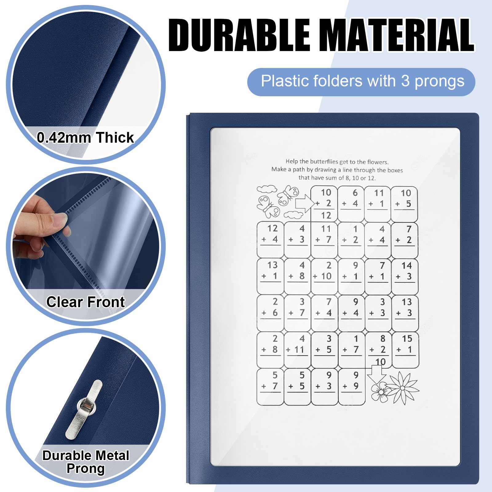 Teling 50 Stück Berichtsmappen mit 3 Zinkenverschlüssen, transparente Vorderseite, Präsentationsmappen, Rahmenansicht, Poly-Berichtsmappe, Präsentationsmappe für Papier, Dokumente, Schule, Büro