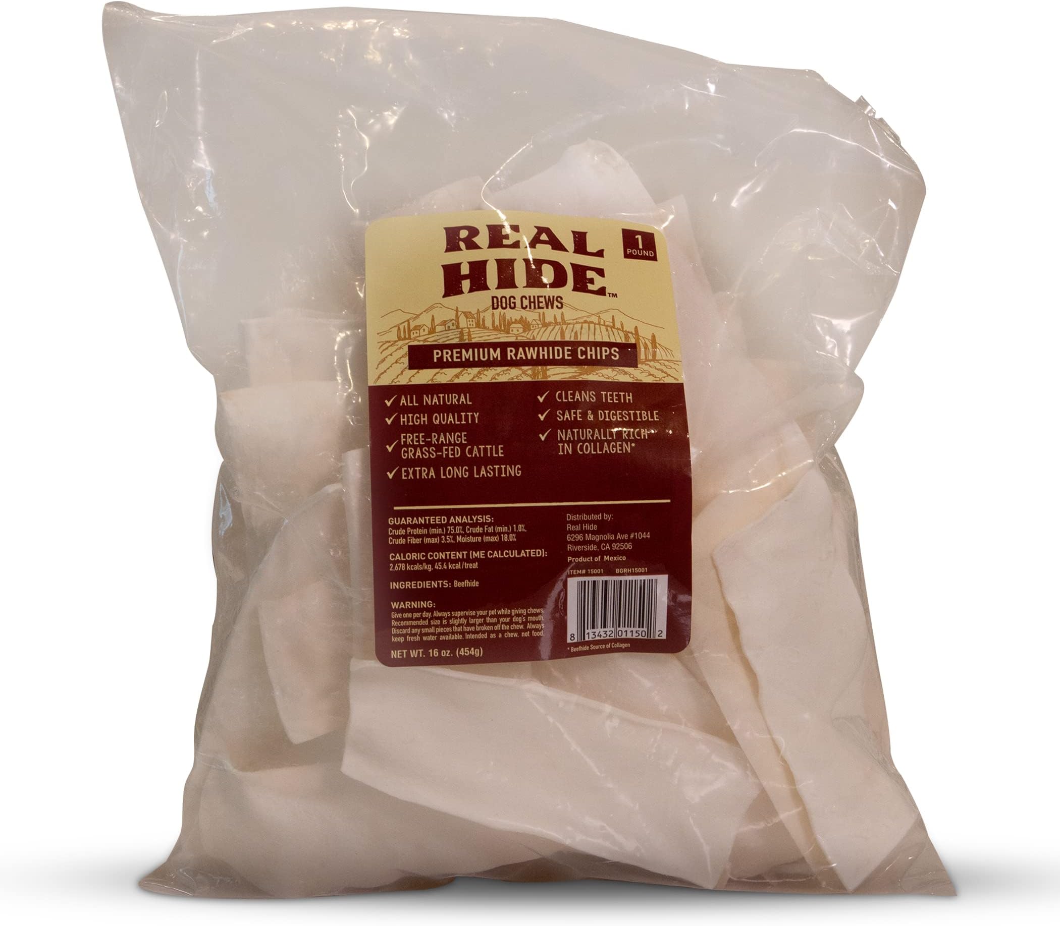 Real Hide | All Natural Dog Chew Treats - Premium Rawhide Chips - Long Lasting Grass Fed Free Range Beef Hide - Small/Medium/Large Dogs - 1 Pound
