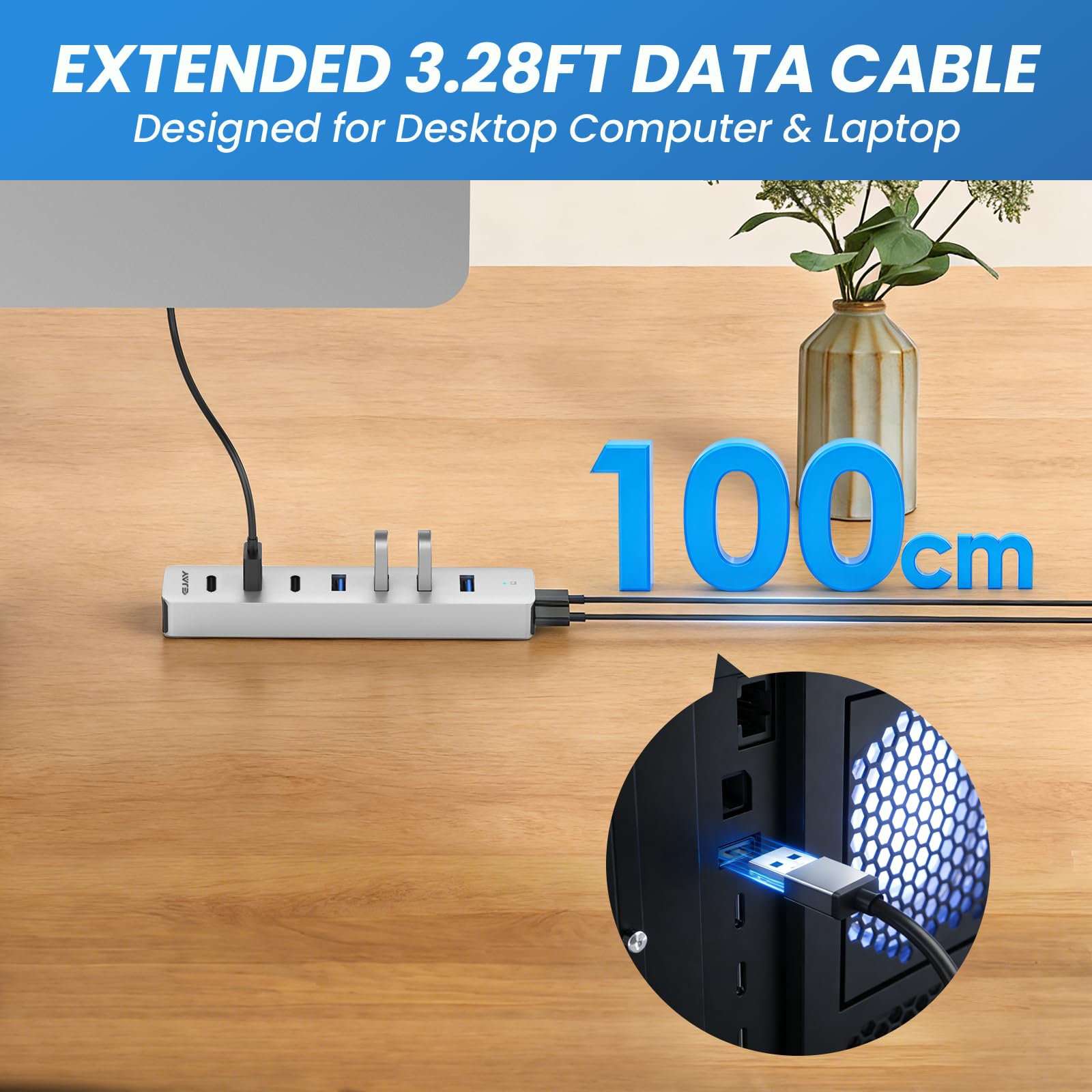 EJAY Hub USB 3.0 à 7 ports avec 4 USB-A et 3 USB-C, répartiteur USB en aluminium pour ordinateur portable/de bureau/PS5, câble amovible de 1 m et 1,3 m, hub USB 5 Gbit/s pour clés USB, HDD, XPS