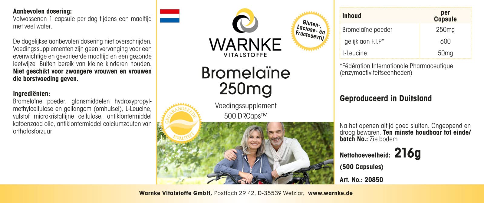 Bromelain 250mg - hochdosiert - 500 Kapseln - schluckfreundlich - Großpackung - vegan - Ananasenzym | Warnke Vitalstoffe - Deutsche Apothekenqualität