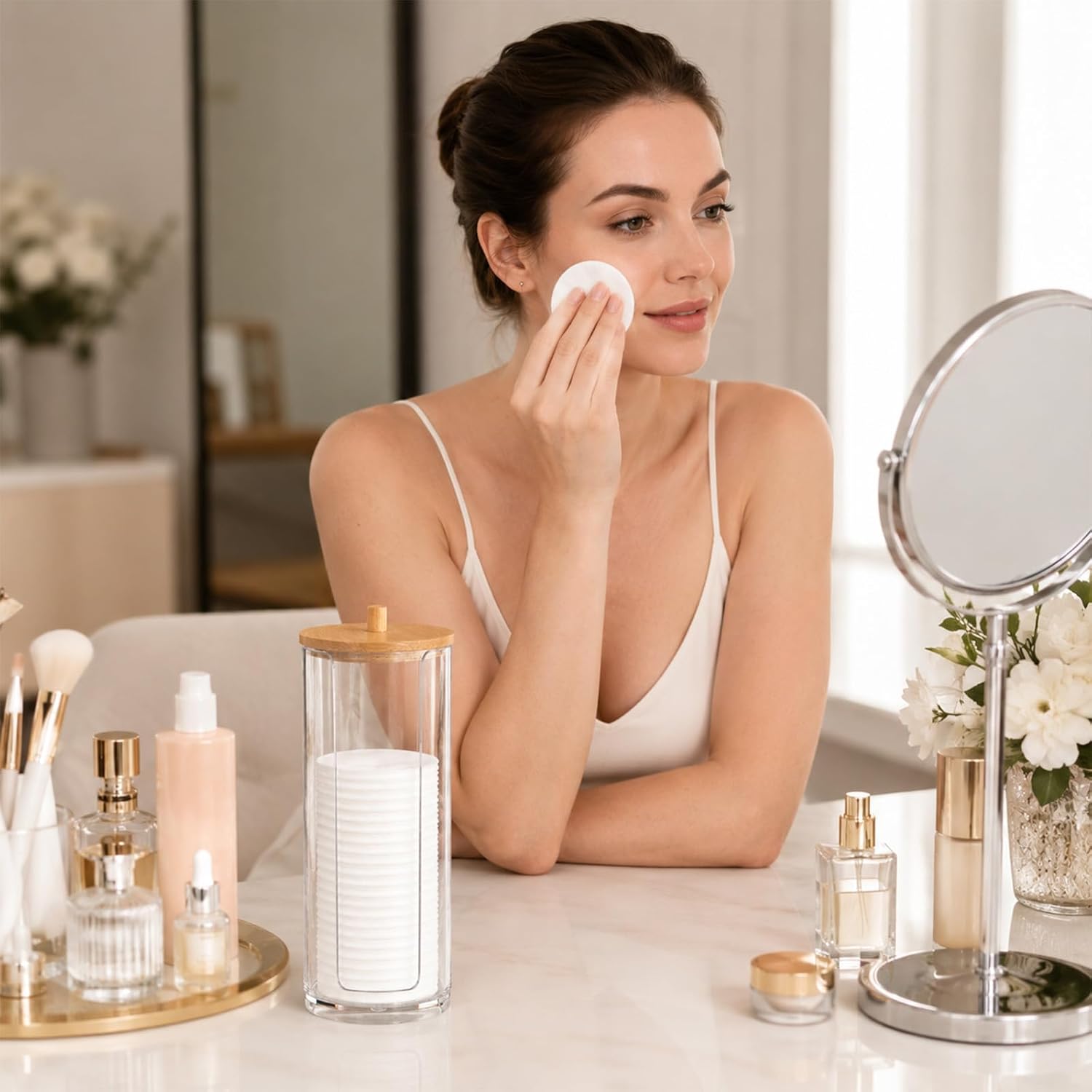Acrylic Cotton Round Holder Pad Dispenser Makeup Remover Container