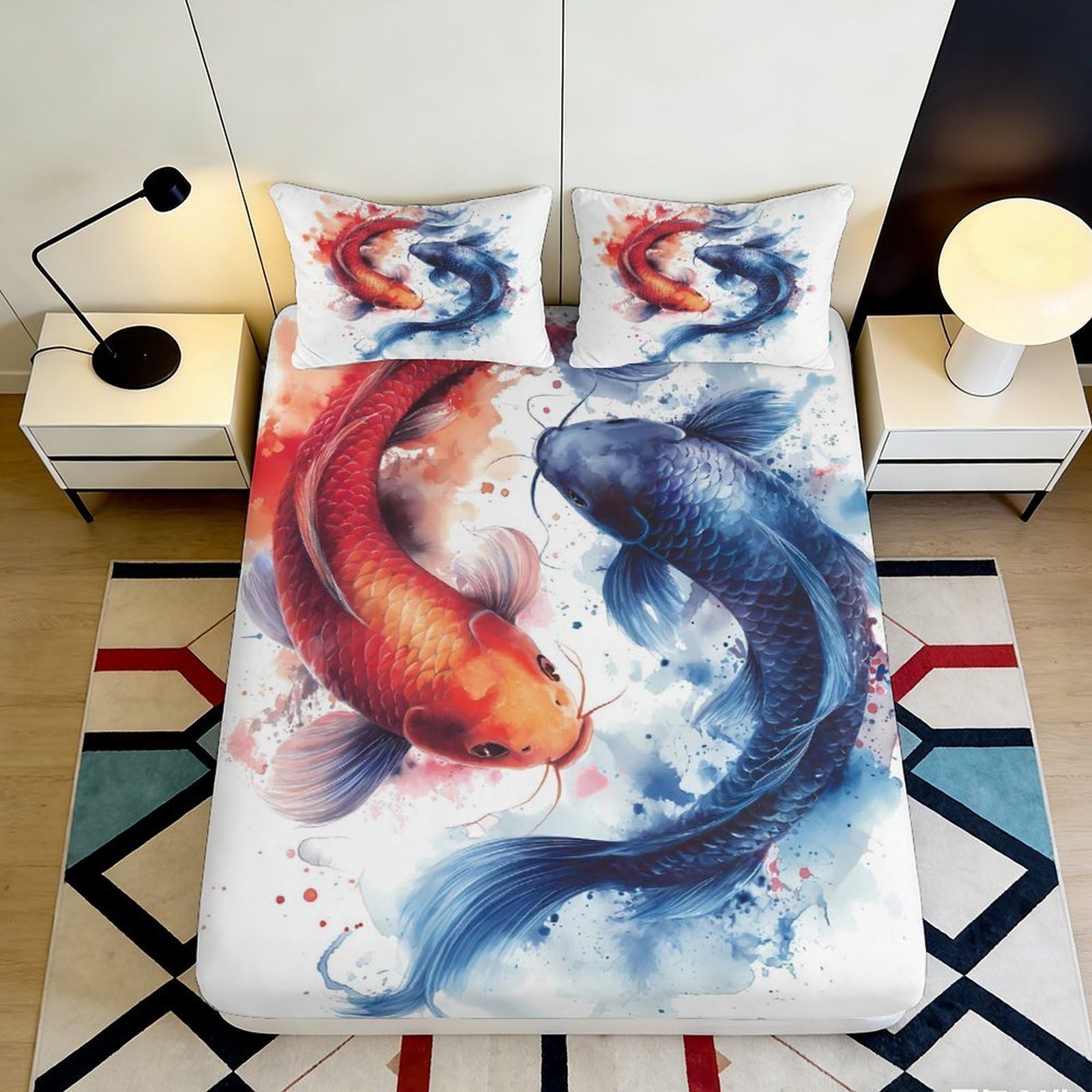 3D Printed Koi Fish Art Fitted Sheet Microfiber Soft Blue Red Watercolor Mattress Cover Bedroom Dorm Decor 90x200x25cm