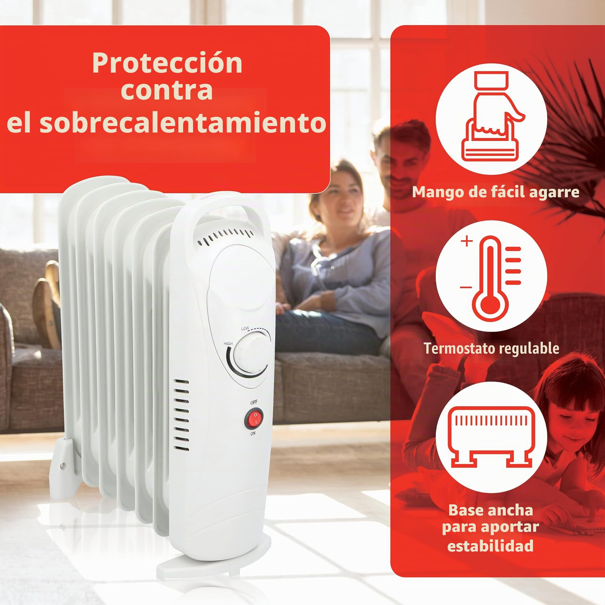alpina Radiador de aceite 850W, 7 elementos, termostato mecánico, calefacción eléctrica de bajo consumo, regulador de potencia de bajo consumo de energía, compacto y portátil, blanco, normal