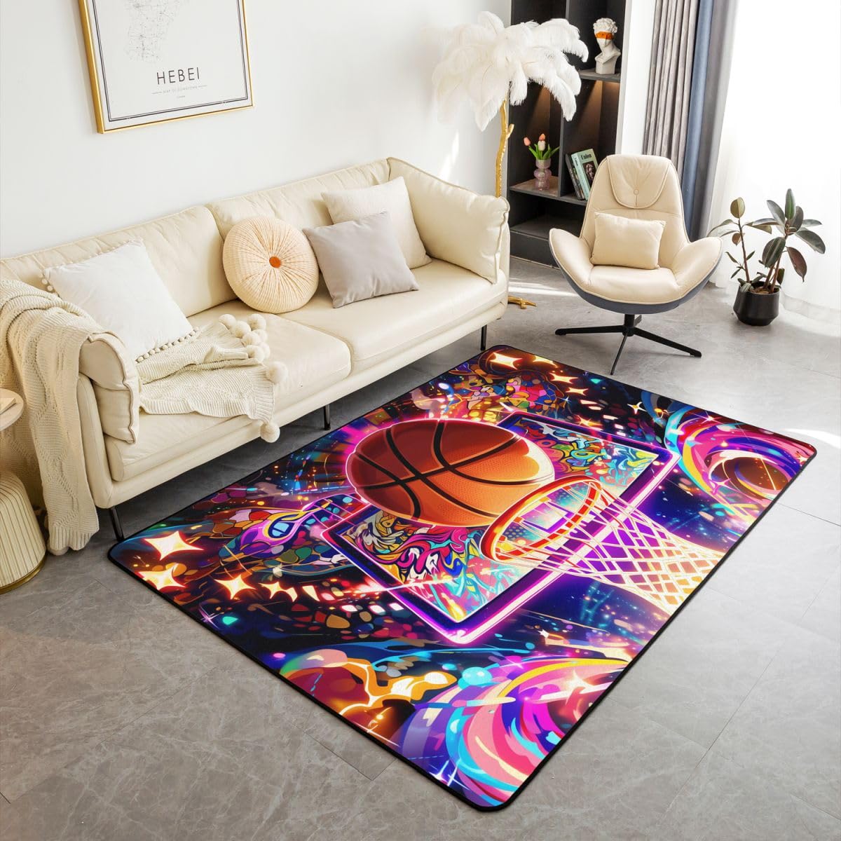 Tapis imprimé basketball néon multicolore pour chambre ados