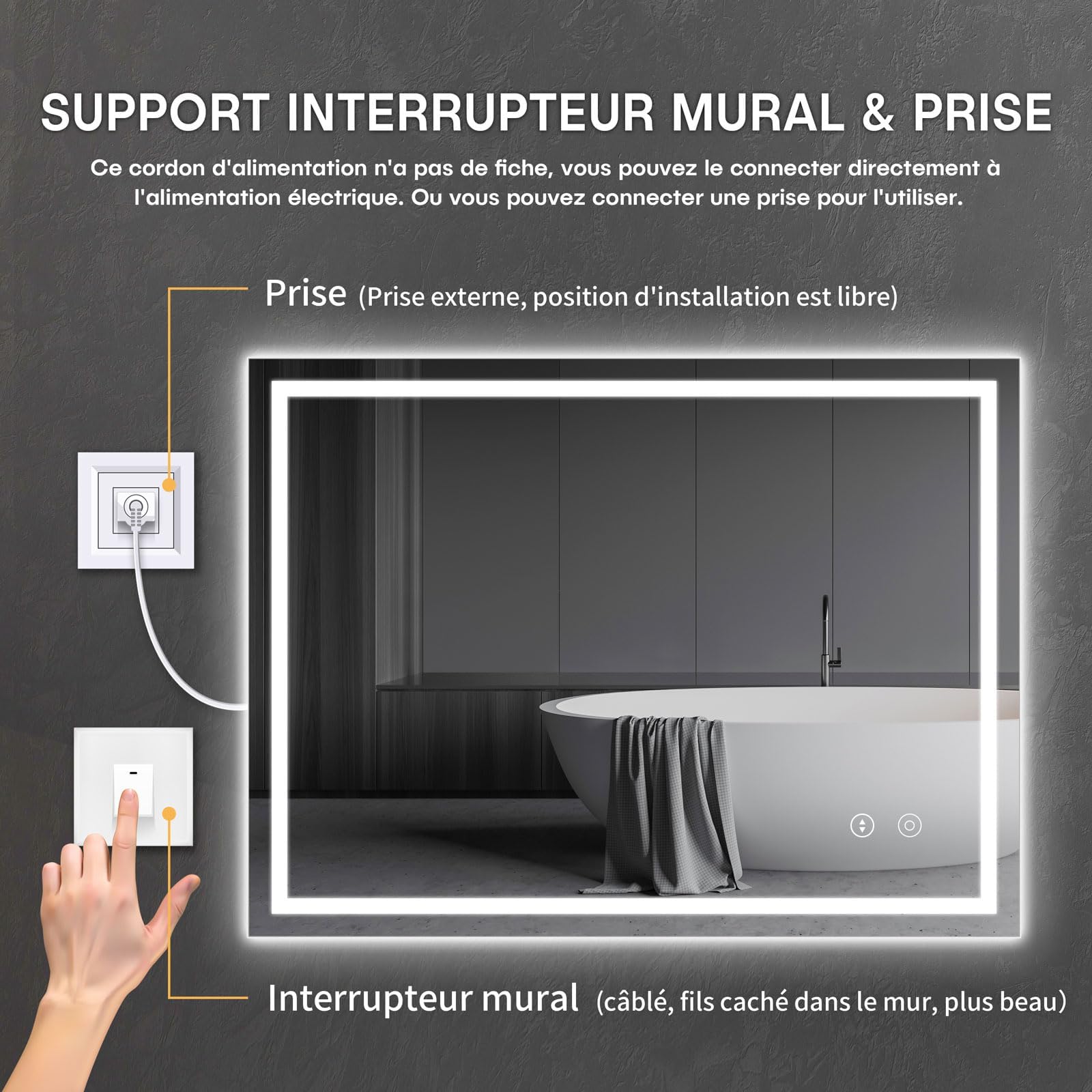 Dripex Miroir de Salle de Bain avec Éclairage 60x80cm, 30Watts Miroir LED Anti-buée, 3 Couleurs et Dimmable, Interrupteur Tactile, Antidéflagrant, Fonction Mémoire, IP44 Étanchéité