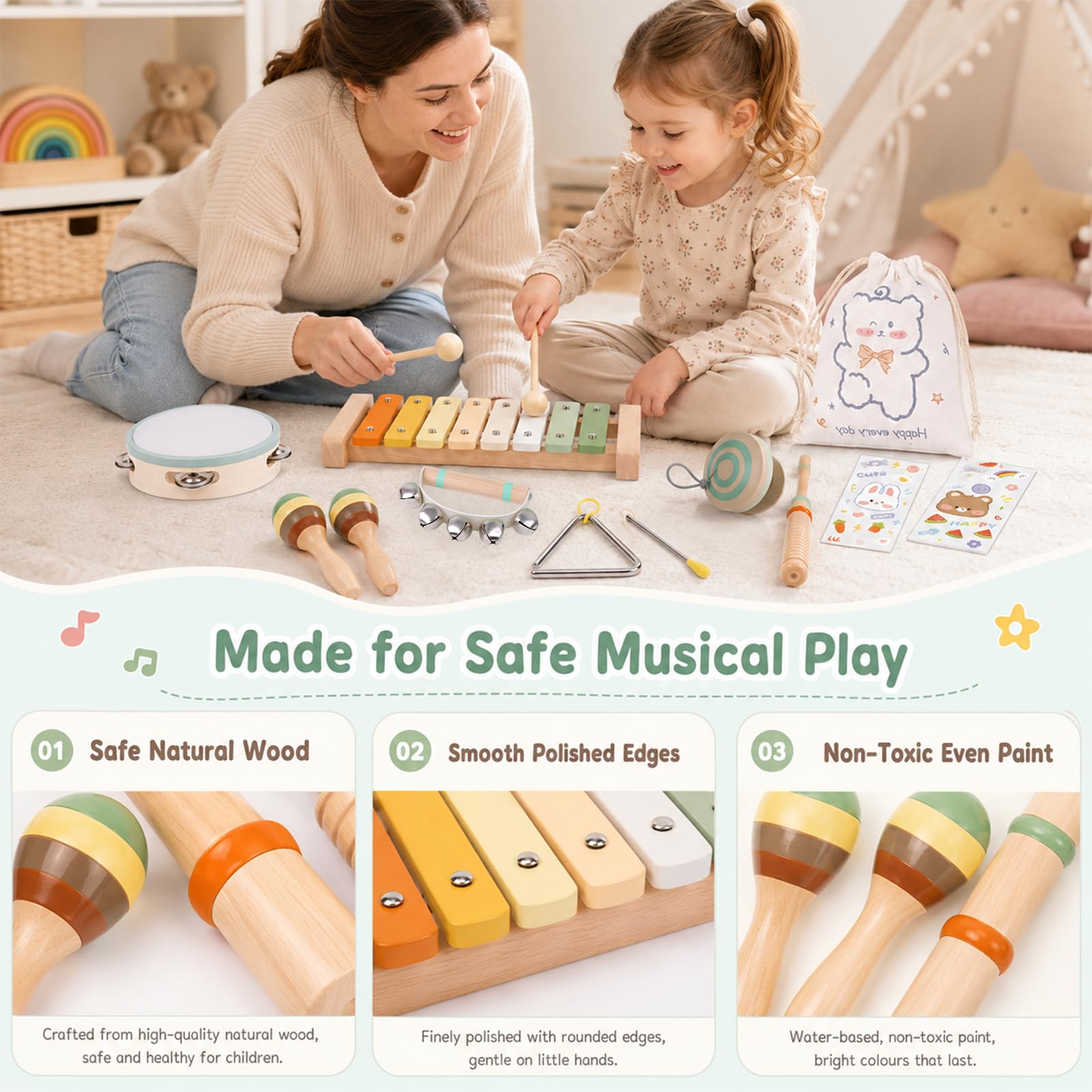 KASURE Kids Musical Instruments, Wooden Percussion Instruments Set for Baby - Image 4