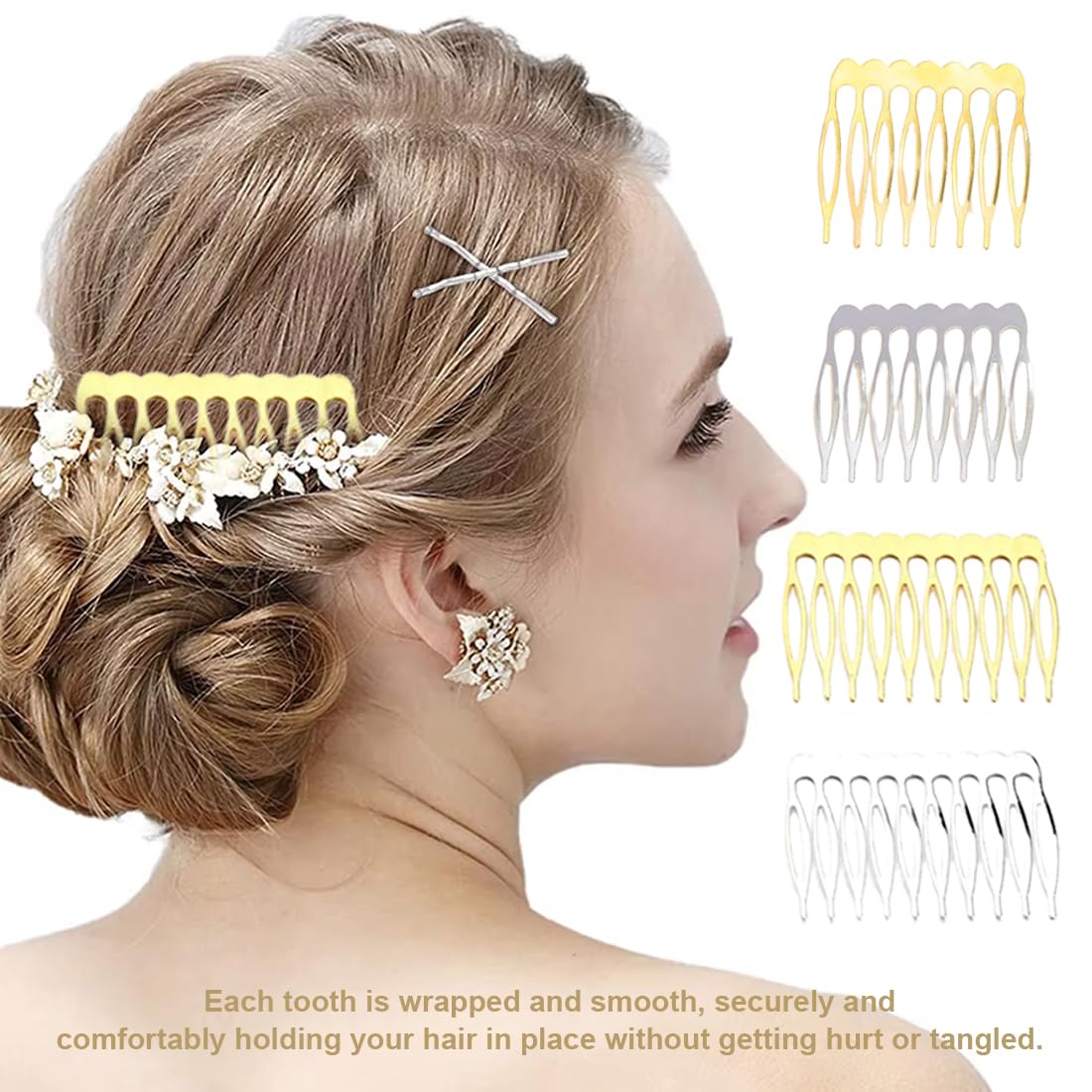 20 Pezzi Pettini Laterali in Metallo 10 & 8 Denti, pettinini per Velo, Lato per Capelli per Capelli da Donna Francese con Denti per Accessori per Capelli con Clip per Chignon Argentato & Oro