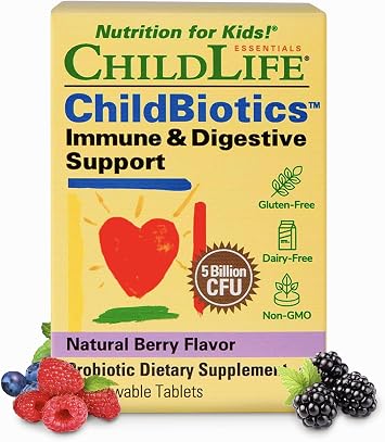 ChildLife Essential Childbiotics Immune & Digestive Support - Kids Probiotic Supplement, Probiotics for Kids & Toddlers, Chewable Vitamin for Gut Health - Natural Berry Flavor, 30 Chewable Tablets