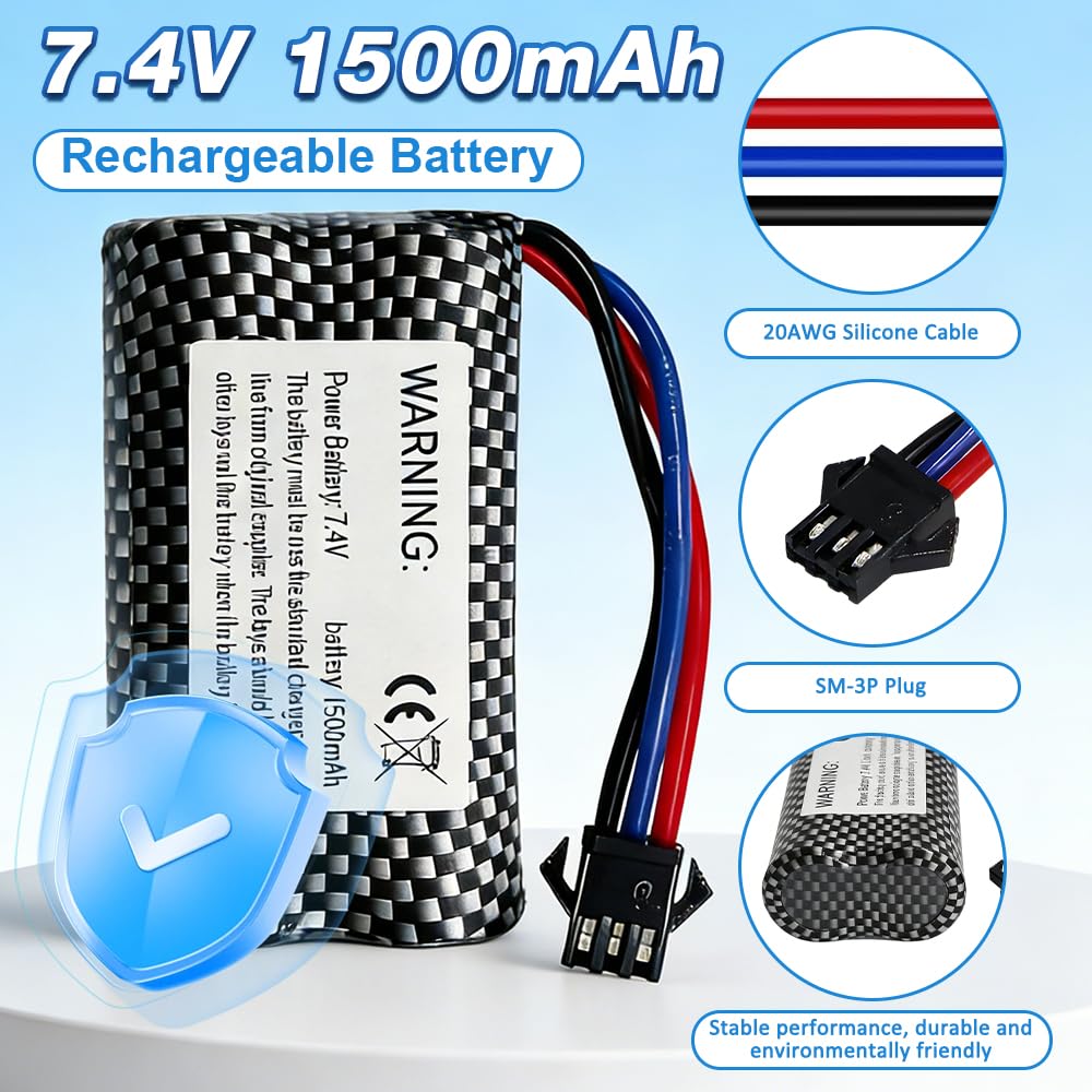 2 Batterie al Litio Ricaricabili 7,4V 1500mAh con Spina SM-3P – Lunga Durata per Auto RC, Walkie Talkie, Torcia LED, Telecamera e Campanello