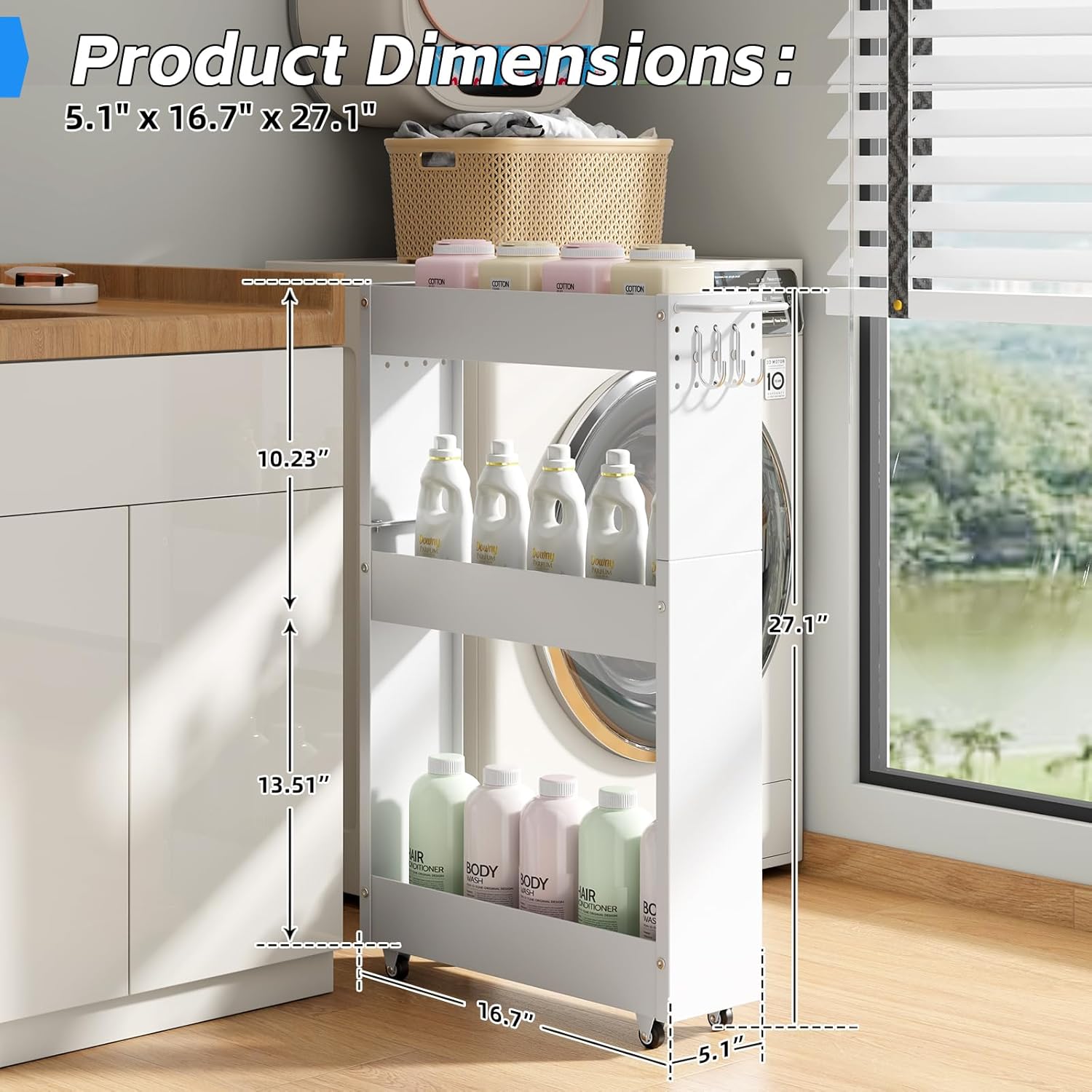 Slim Storage Cart 3 Tier with Handle,Metal Basket Bathroom Organizer Rolling cart with Wheels, Rolling Utility Cart Slide Out Organizer for Kitchen, Bathroom, Laundry