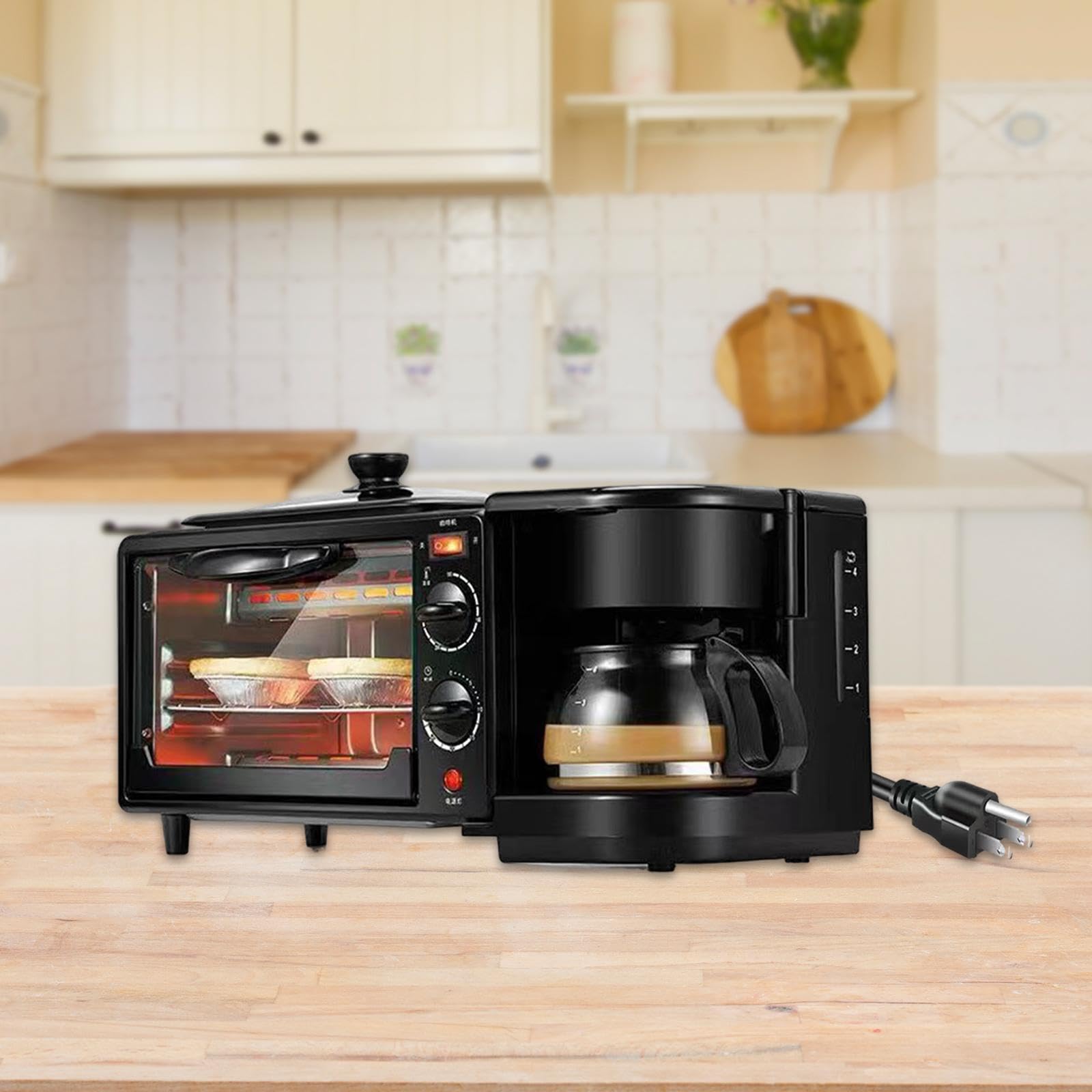 Máquina de Desayuno 3 en 1, Plancha Antiadherente, pequeños electrodomésticos de Cocina versátiles, Horno Tostador con cafetera for Huevos y Salchichas