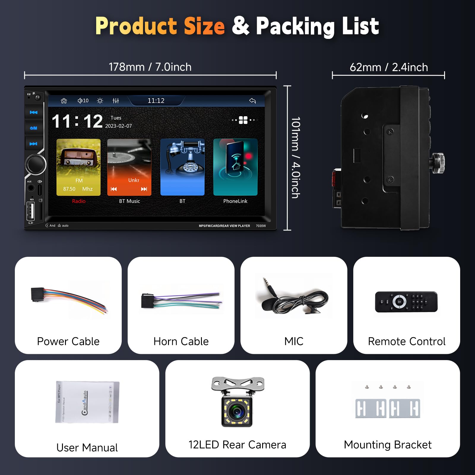 Hodozzy Autoradio 2 Din con CarPlay Wireless Android Auto, Stereo con Touchscreen 7 Pollici 2 Din Schermo con Bluetooth Vivavoce, Mirror Link, Universale Lettore MP5 Radio FM EQ USB/AUX, Retromarcia