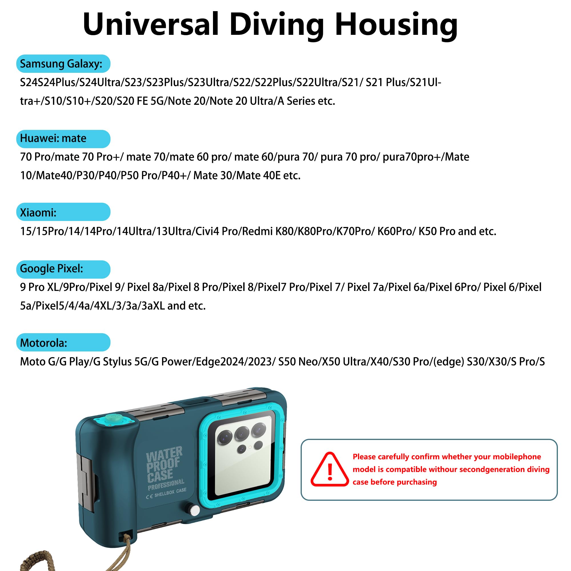 Funda de buceo compatible con Samsung Galaxy S25/S24/S23/S22 todas las series, carcasa de buceo Android (botón de volumen del teléfono a la derecha), funda impermeable universal profesional