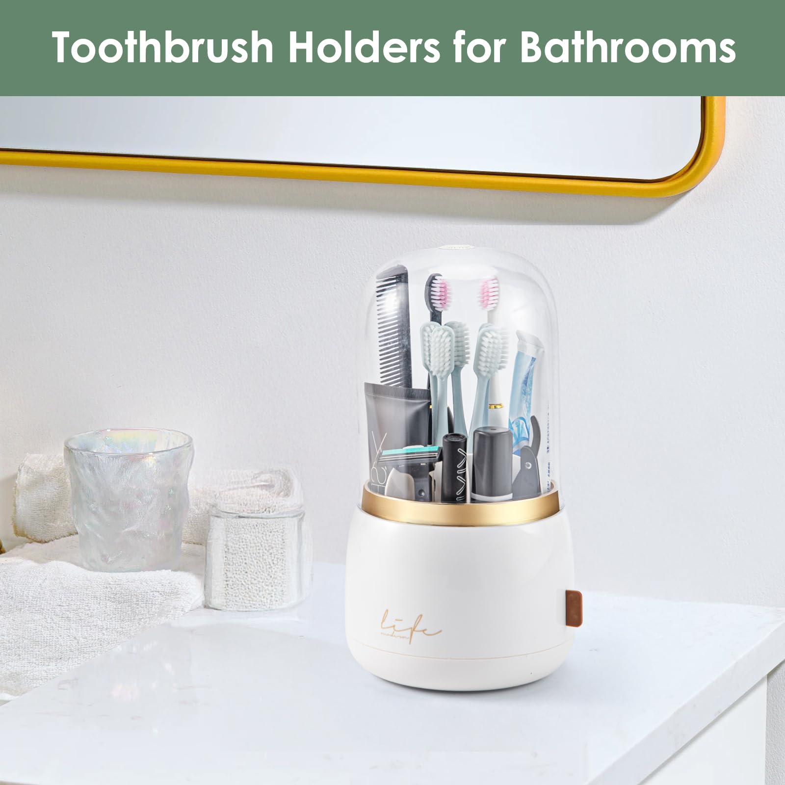 Soportes para cepillos de dientes para baños, 7 ranuras giratorias con tapa y drenaje de agua, soporte para cepillo de dientes eléctrico para niños y soporte de pasta de dientes para accesorios de