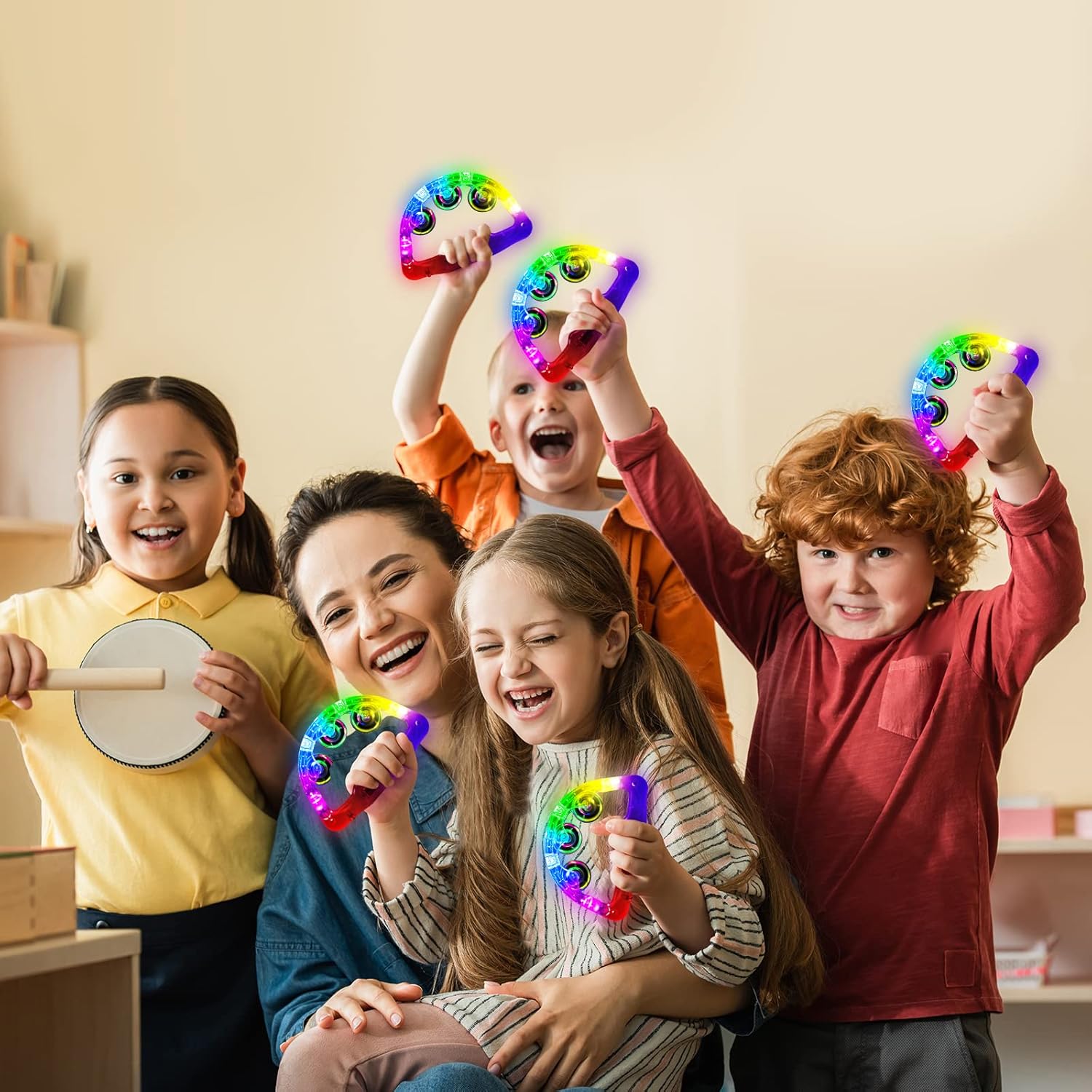 Aywewii LED Tambourines 6 Pack - Glow in The Dark Party Supplies, Light Up Toys Musical Instruments for Kids & Adults, Autism Sensory Toys, Birthday Gifts for Boys & Girls